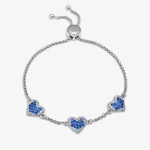 925 Sterling Silver White and Blue Zirconia Heart Chain Bracelet
