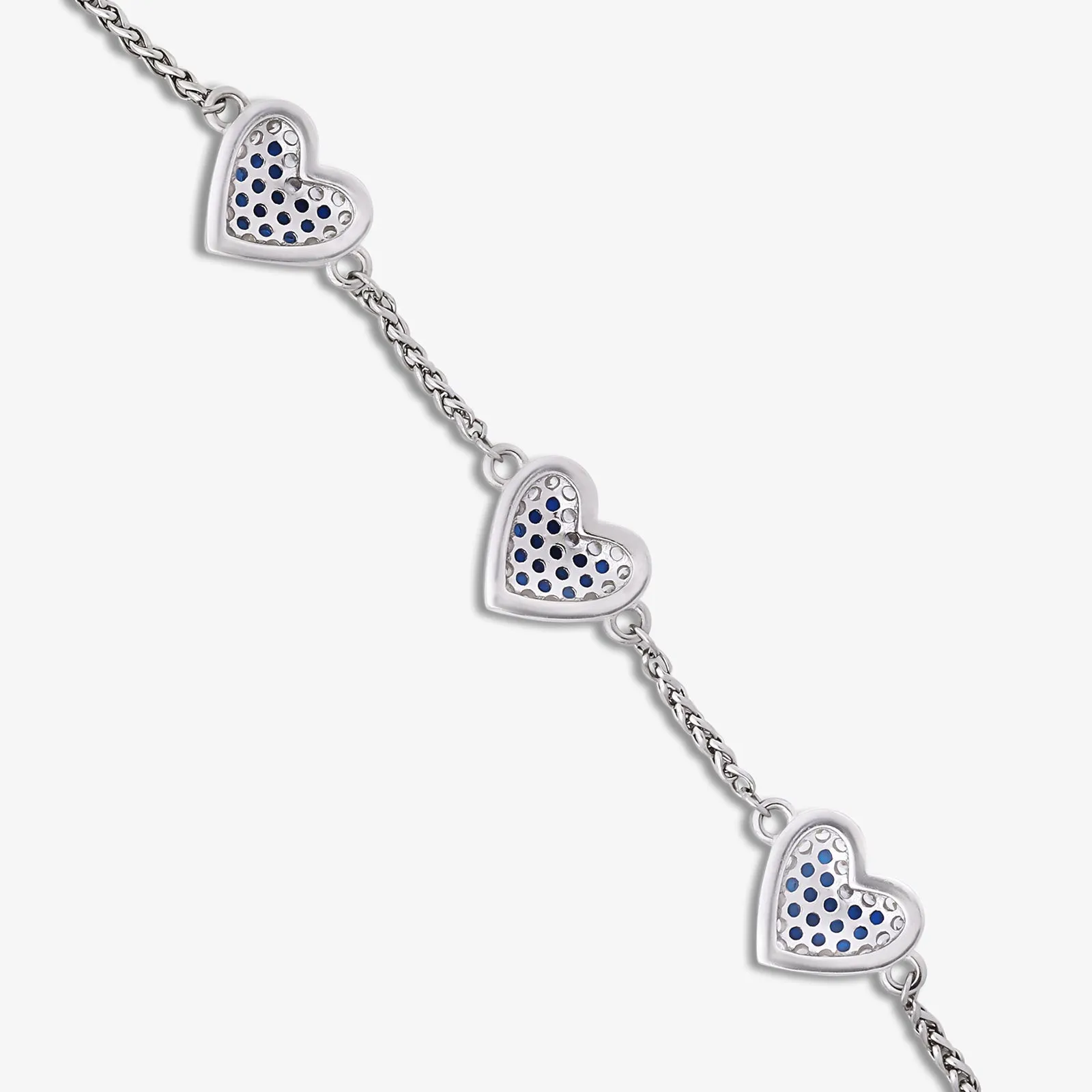 925 Sterling Silver White and Blue Zirconia Heart Chain Bracelet