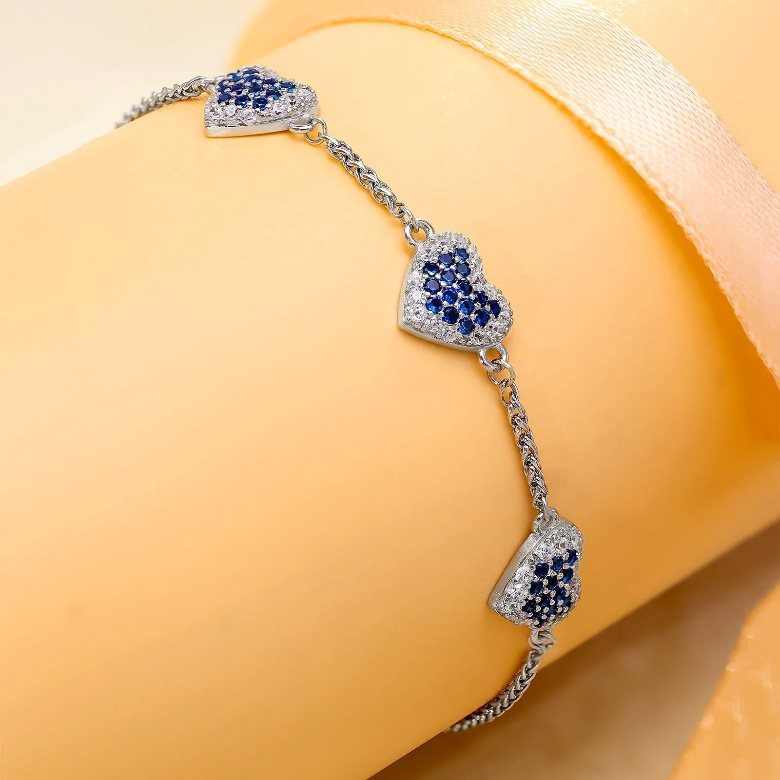 925 Sterling Silver White and Blue Zirconia Heart Chain Bracelet