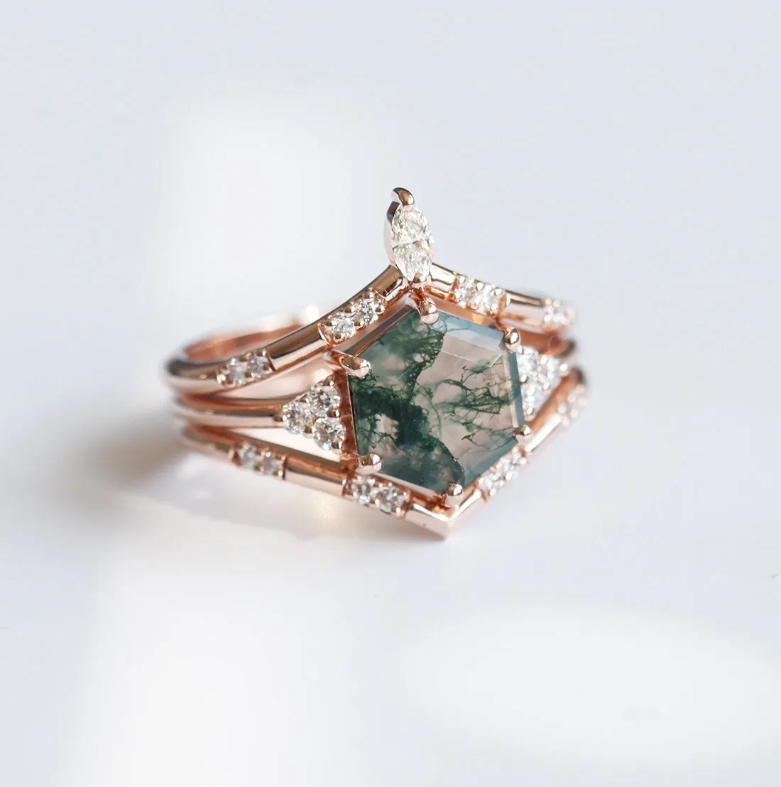 Ada Hexagon Moss Agate Ring Set