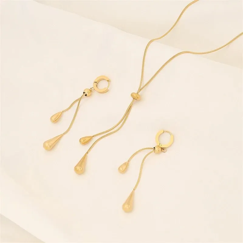 Adjustable Pull Droplet Lariat Necklace and Earrings