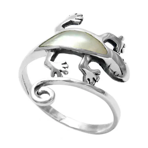 Adorable Gecko Lizard Wrap Ring with Luminous Mother of Pearl Inlay in Sterling Silver.