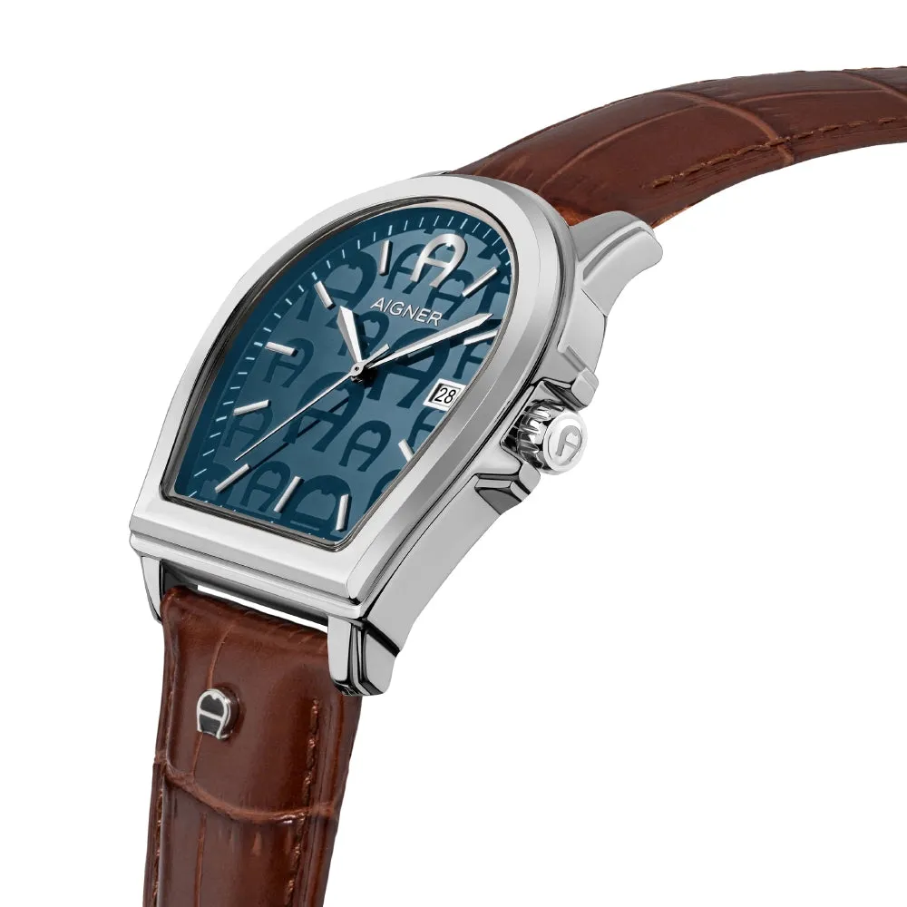 Aigner Verona Gents Blue Dial Stainless Steel Case Brown Leather Strap Watch