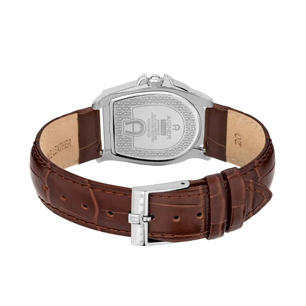 Aigner Verona Gents Blue Dial Stainless Steel Case Brown Leather Strap Watch