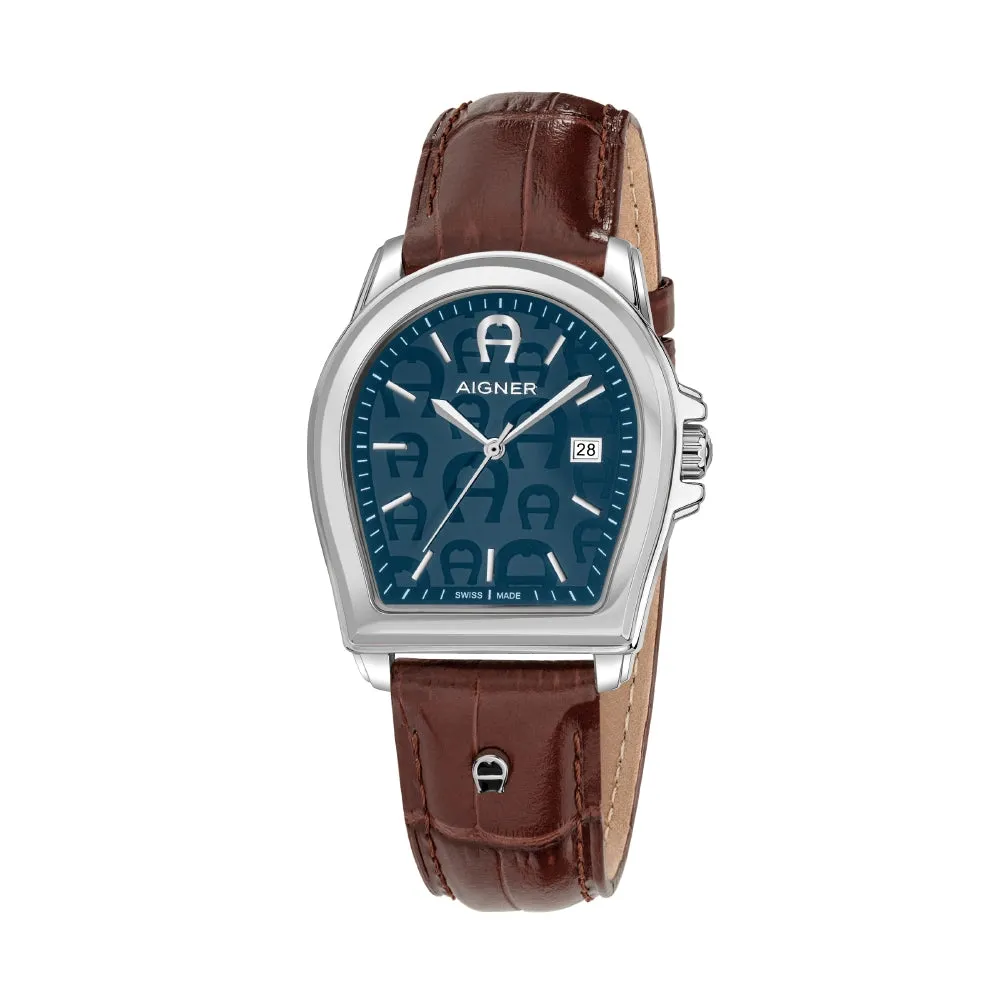 Aigner Verona Gents Blue Dial Stainless Steel Case Brown Leather Strap Watch