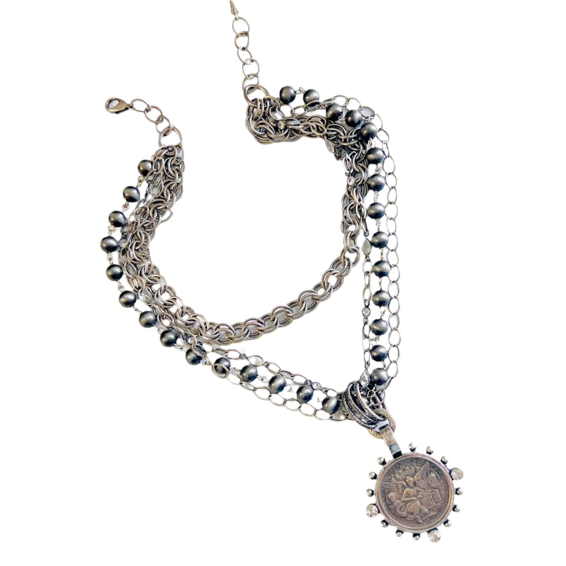 Alamo Angel Four Strand Chain and Ombre Silver Beaded Necklace