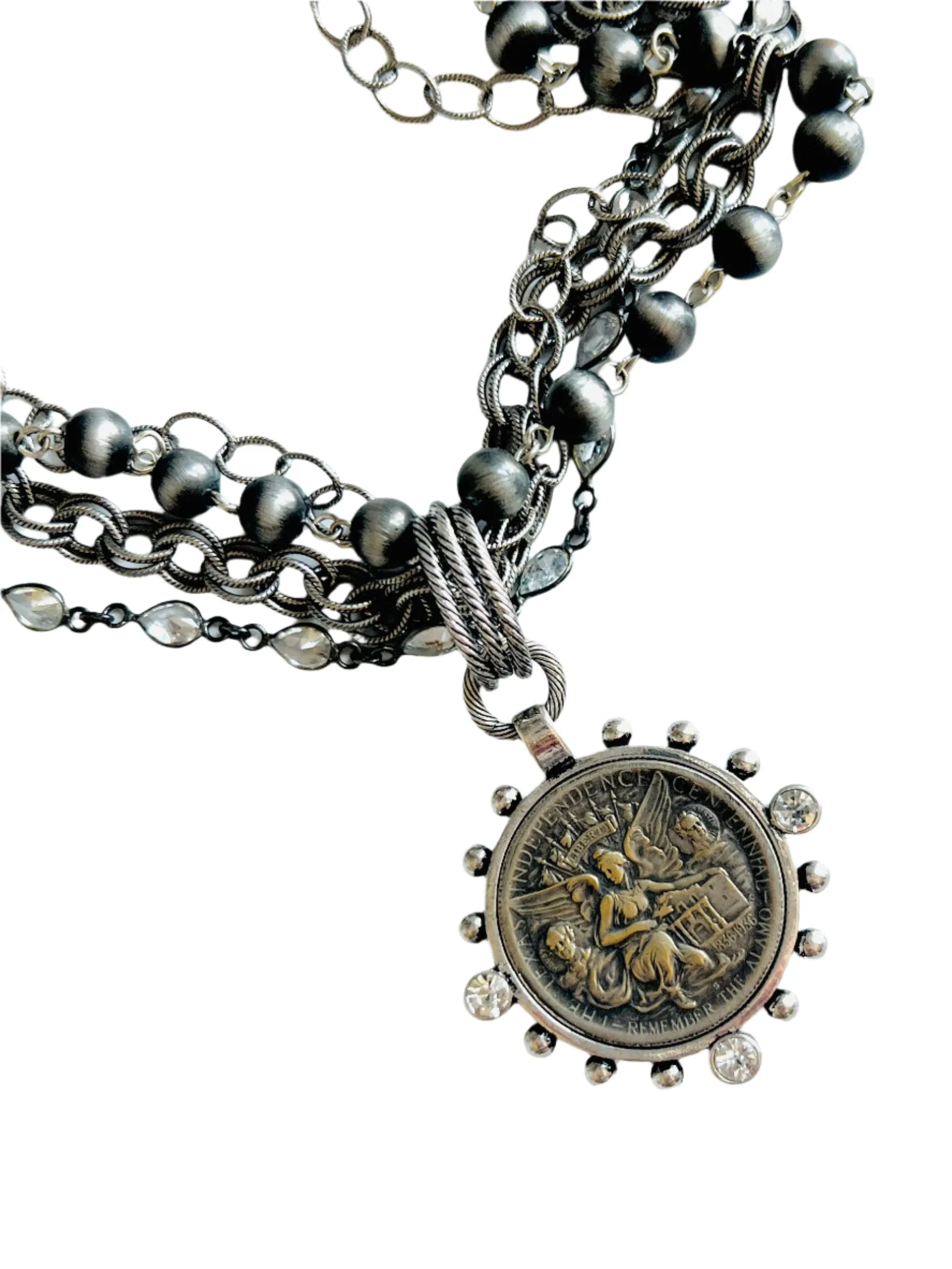 Alamo Angel Four Strand Chain and Ombre Silver Beaded Necklace