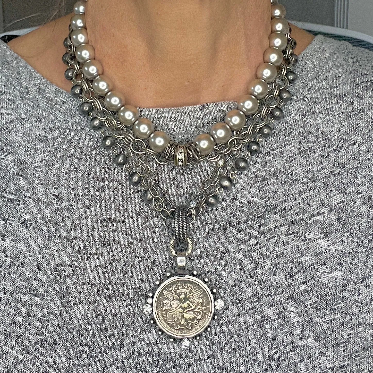 Alamo Angel Four Strand Chain and Ombre Silver Beaded Necklace