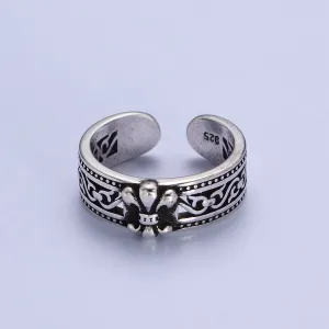 Antique Silver King Club Geometric Print Wide Adjustable Silver Band Ring | X-592
