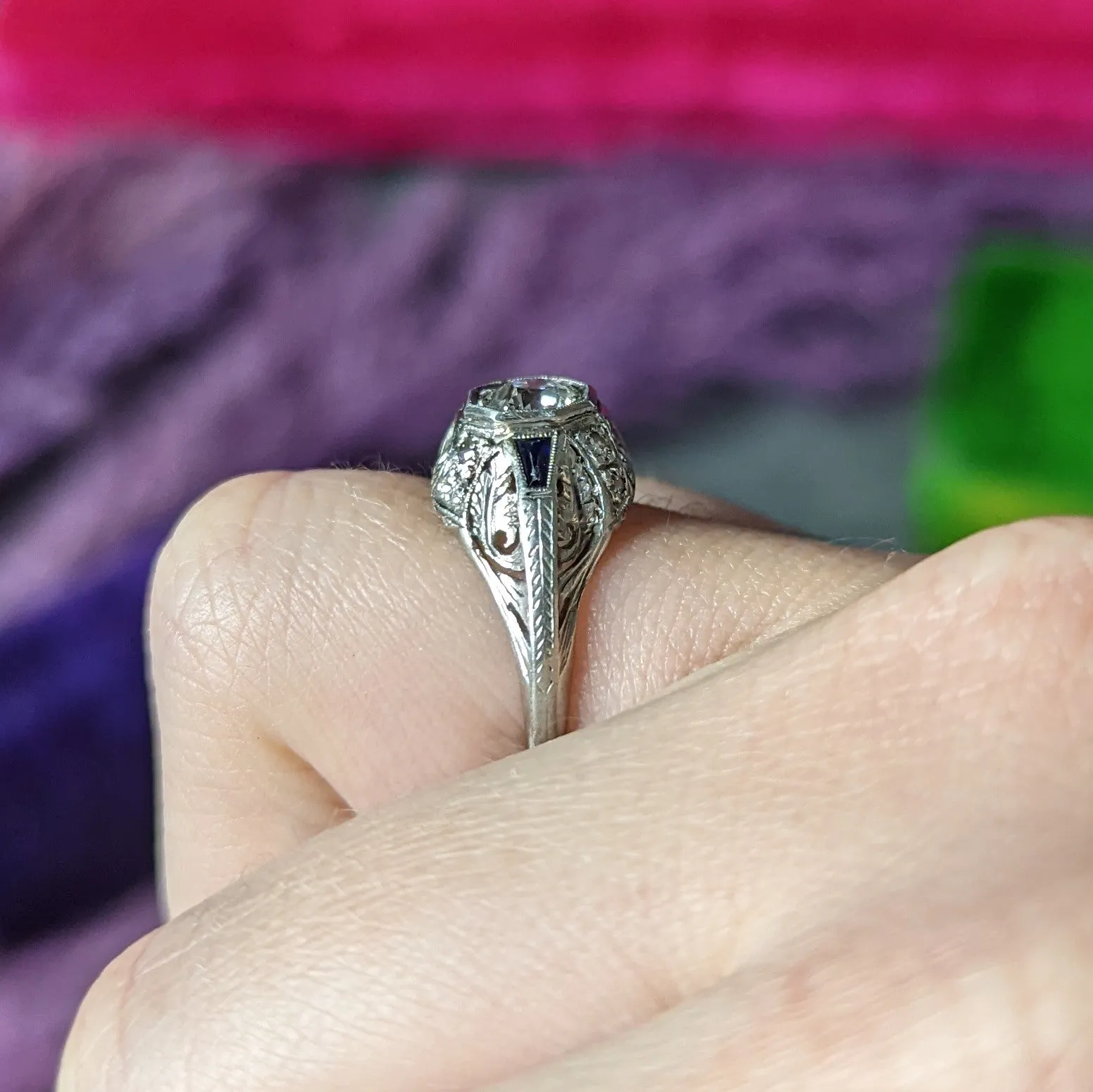 Art Deco 0.70 CTW Diamond Sapphire Platinum Foliate Engagement Ring