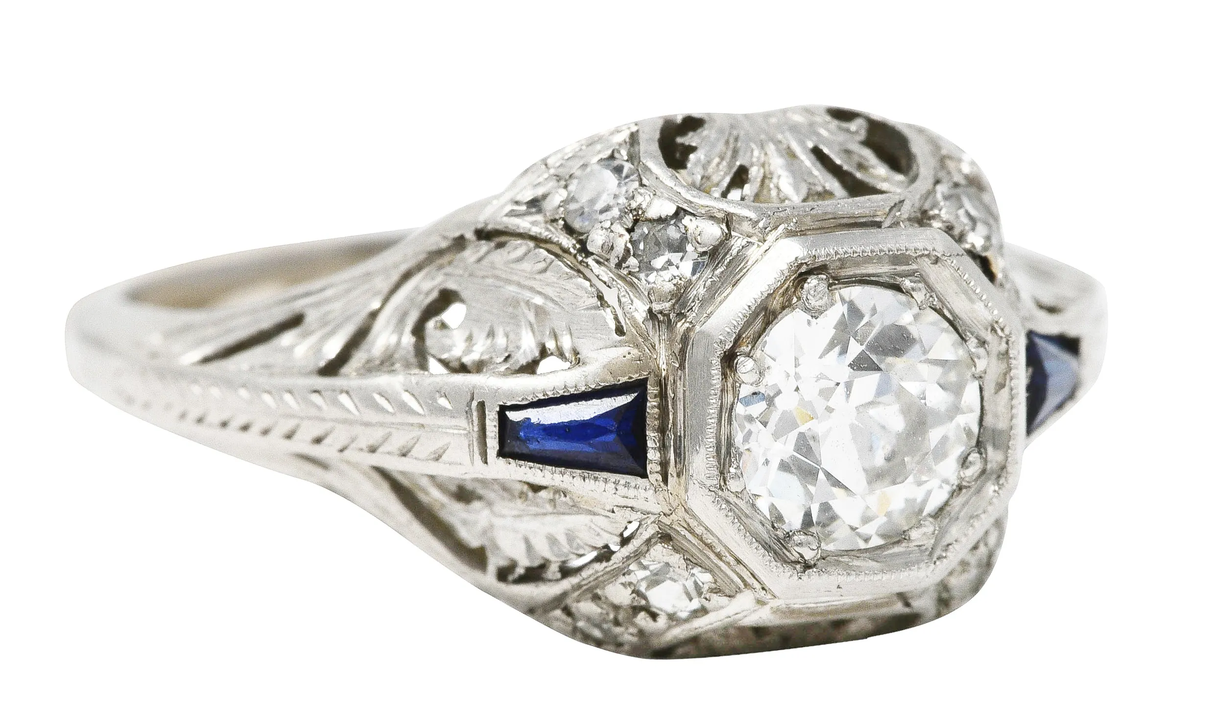 Art Deco 0.70 CTW Diamond Sapphire Platinum Foliate Engagement Ring