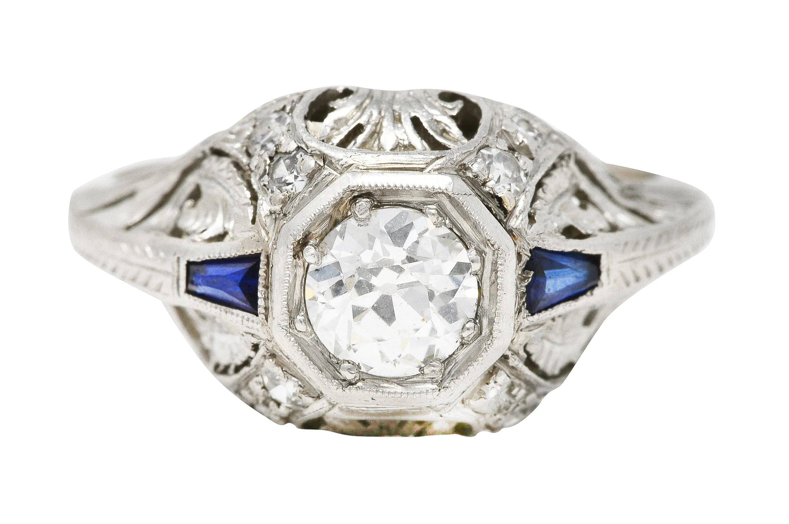 Art Deco 0.70 CTW Diamond Sapphire Platinum Foliate Engagement Ring