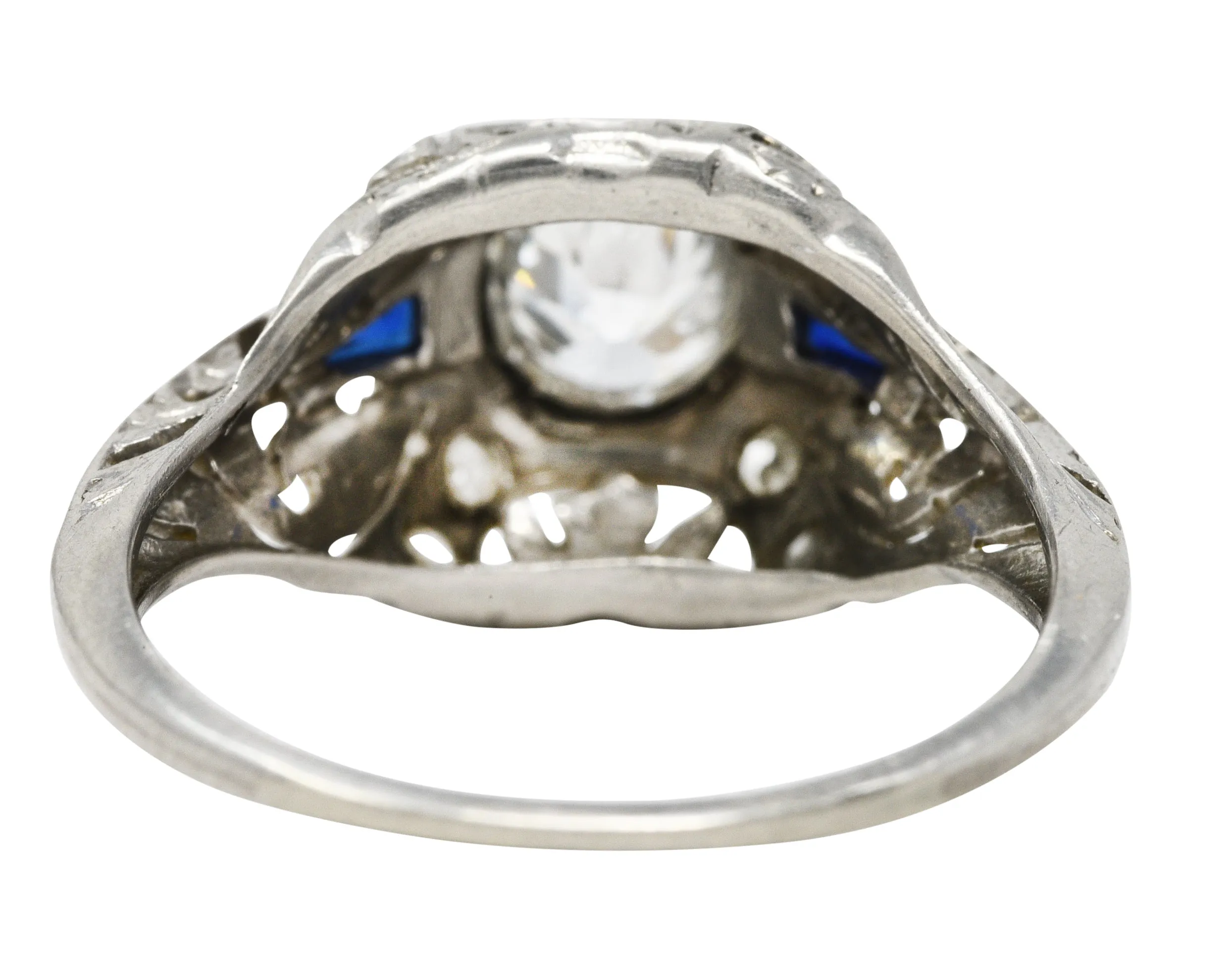 Art Deco 0.70 CTW Diamond Sapphire Platinum Foliate Engagement Ring