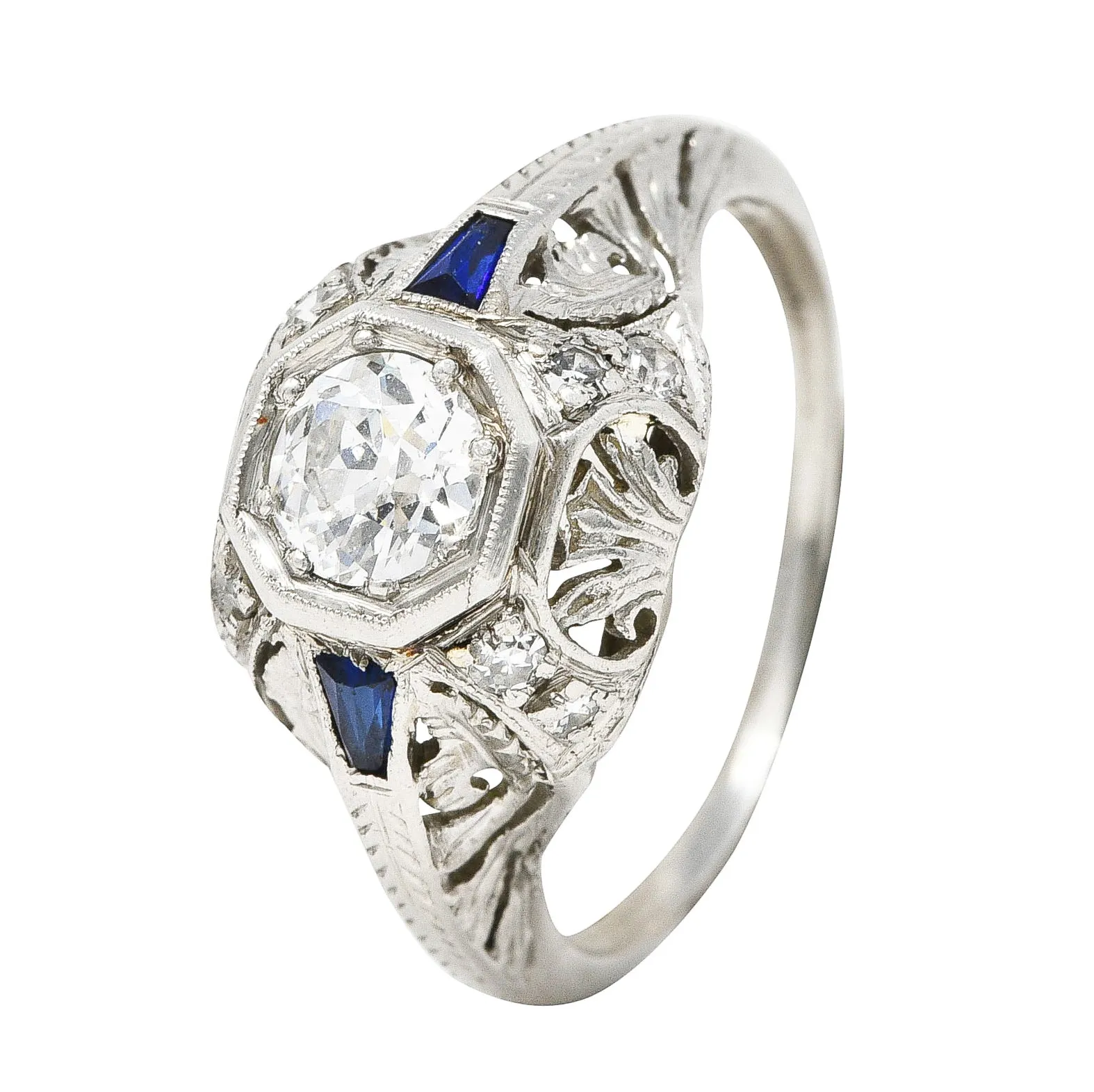 Art Deco 0.70 CTW Diamond Sapphire Platinum Foliate Engagement Ring