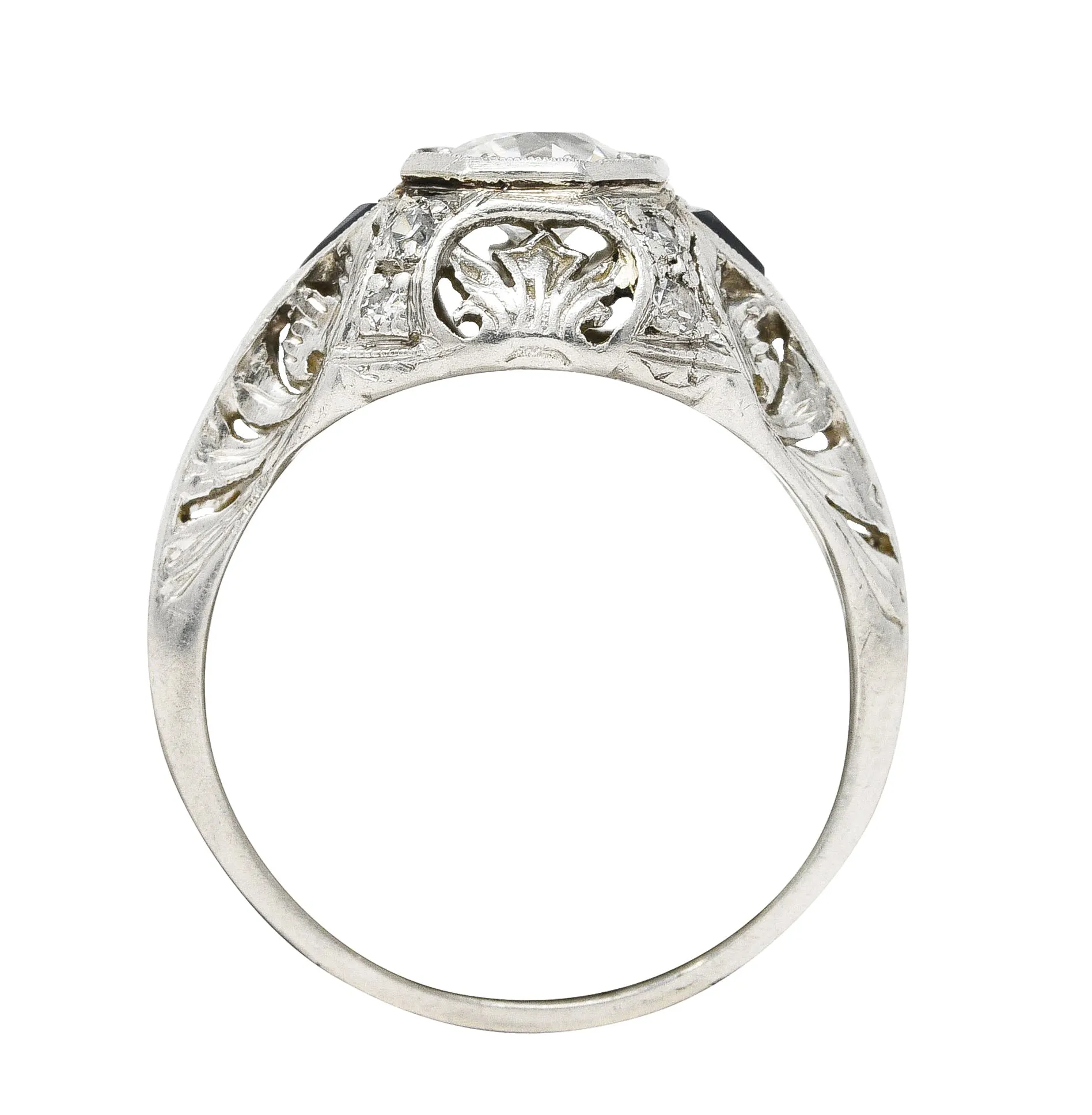 Art Deco 0.70 CTW Diamond Sapphire Platinum Foliate Engagement Ring