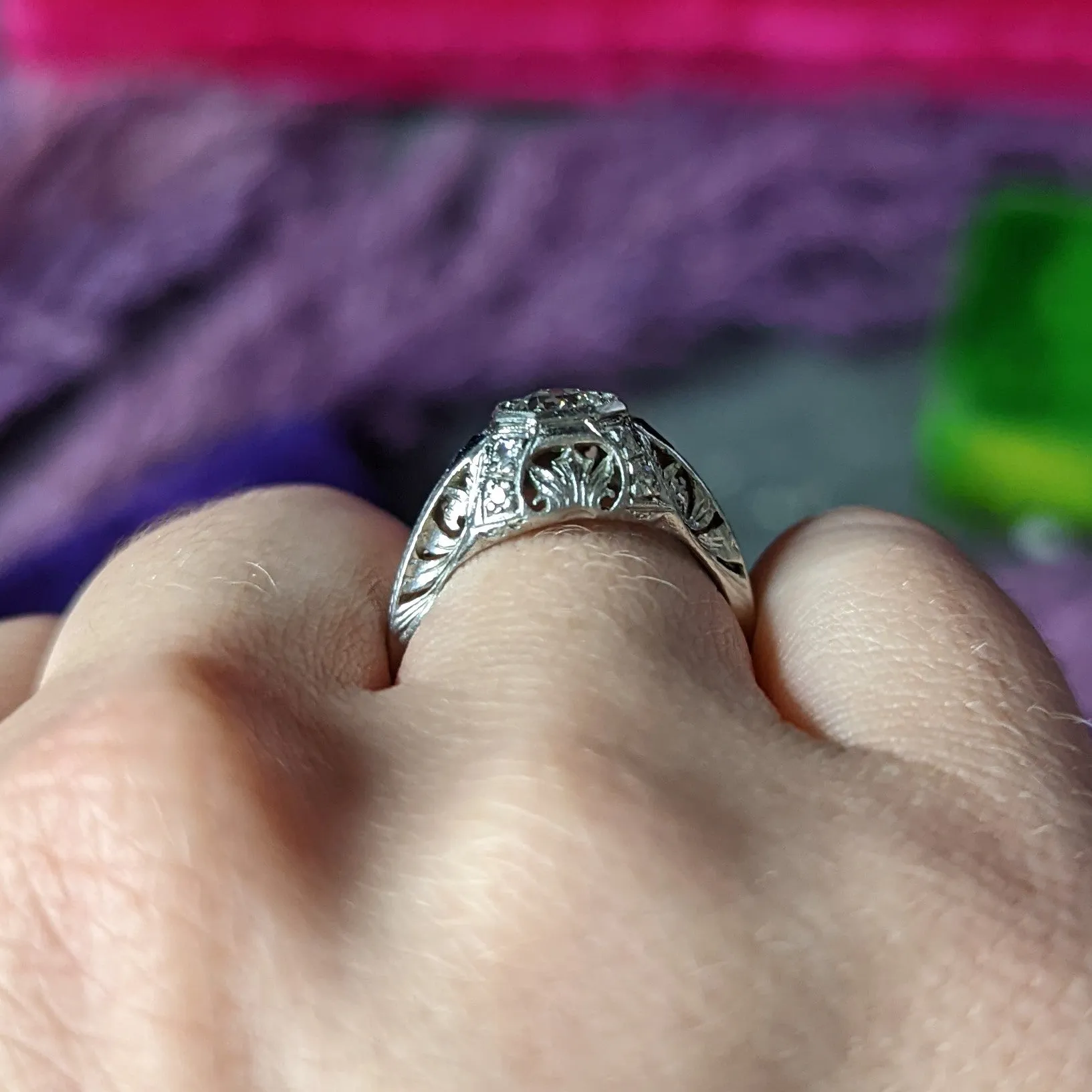 Art Deco 0.70 CTW Diamond Sapphire Platinum Foliate Engagement Ring