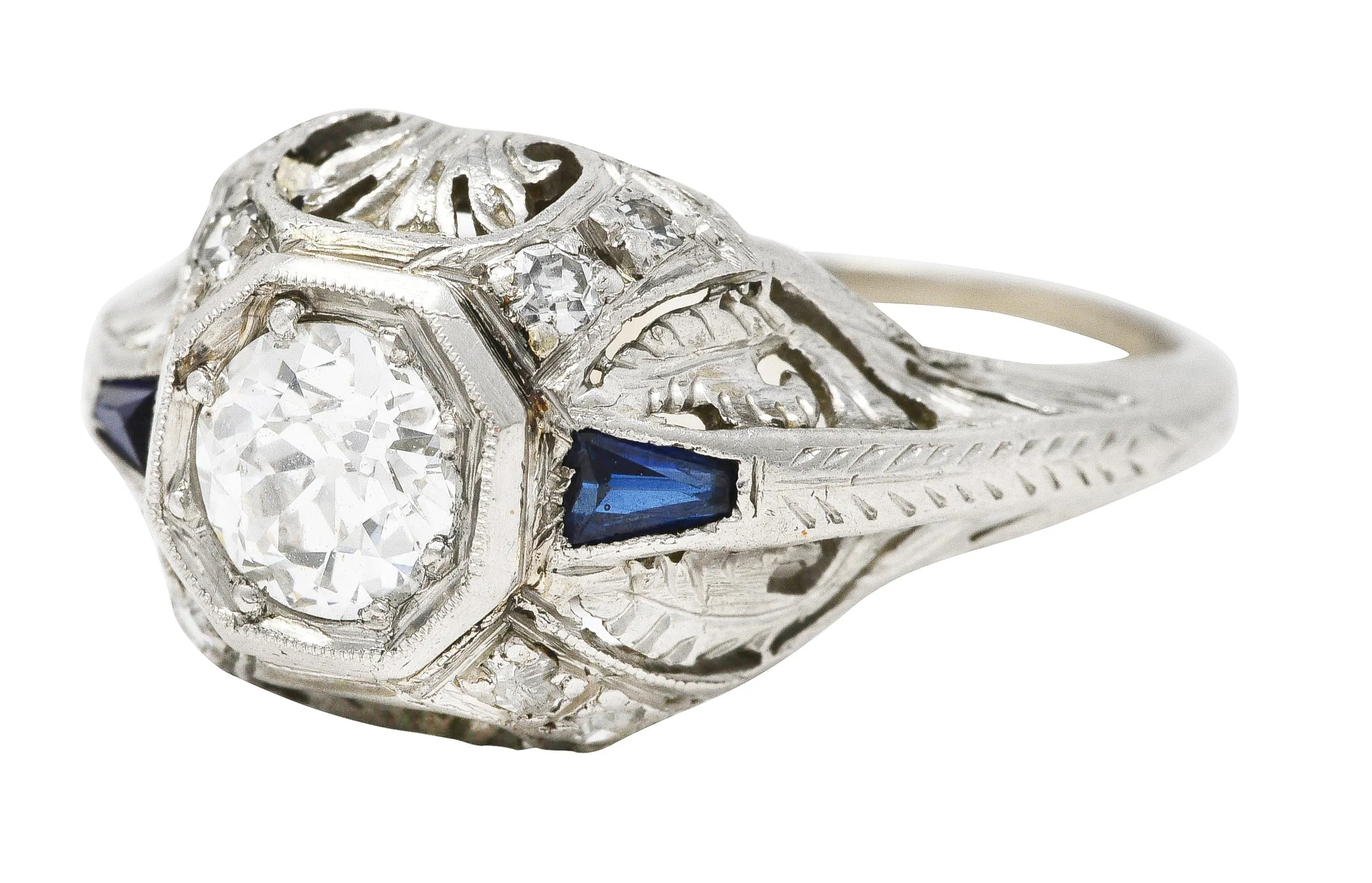 Art Deco 0.70 CTW Diamond Sapphire Platinum Foliate Engagement Ring