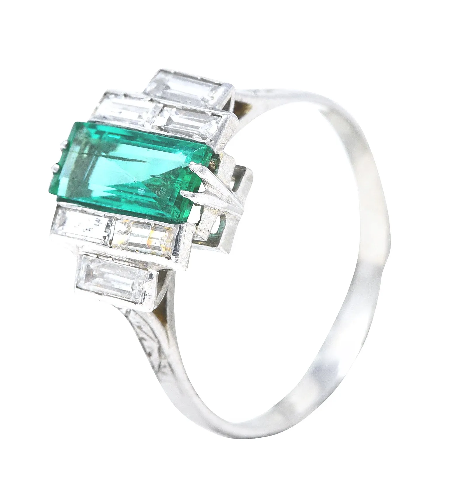 Art Deco 1.25 CTW Emerald Diamond Platinum Tiered Ring Circa 1930