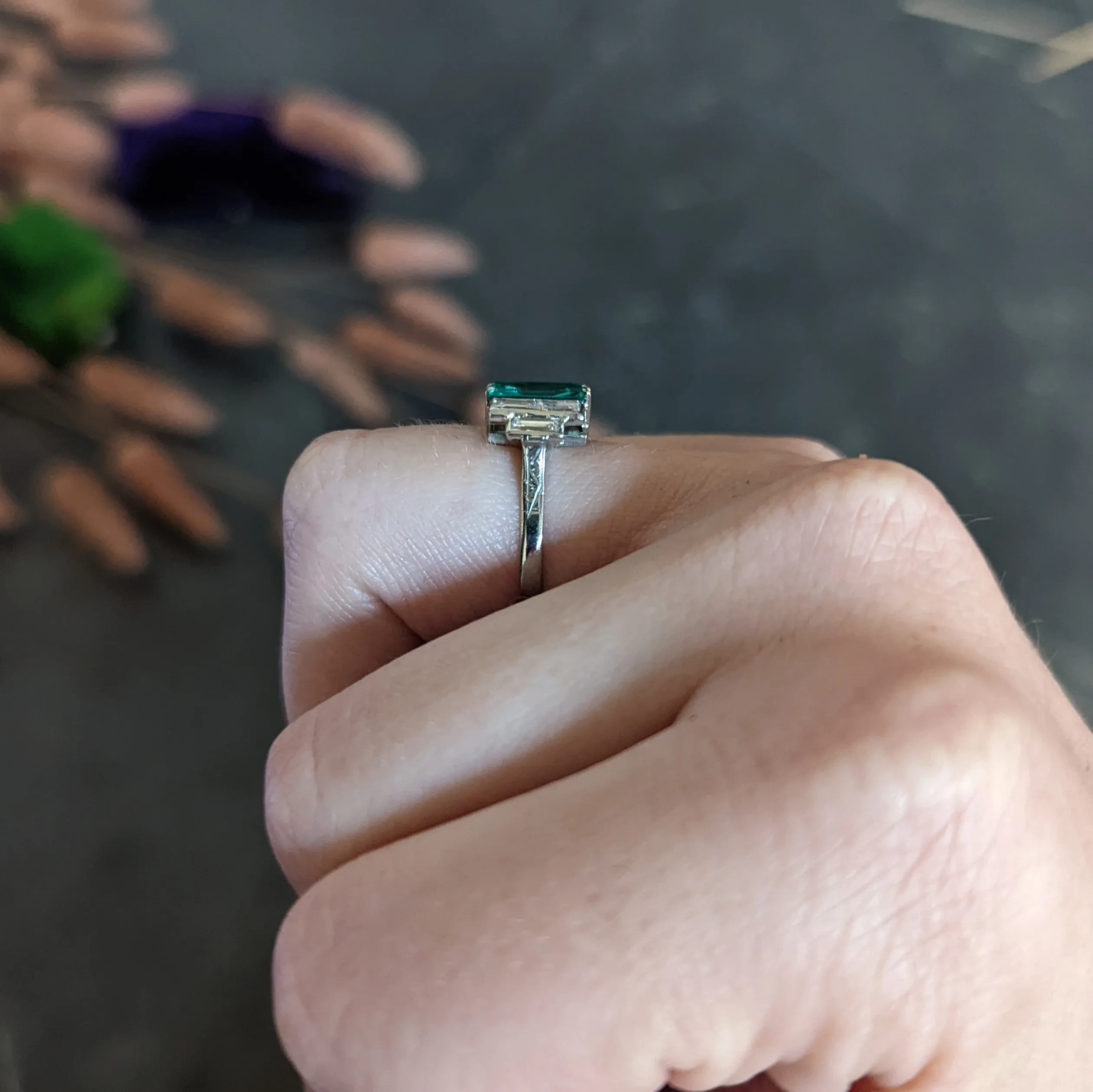 Art Deco 1.25 CTW Emerald Diamond Platinum Tiered Ring Circa 1930