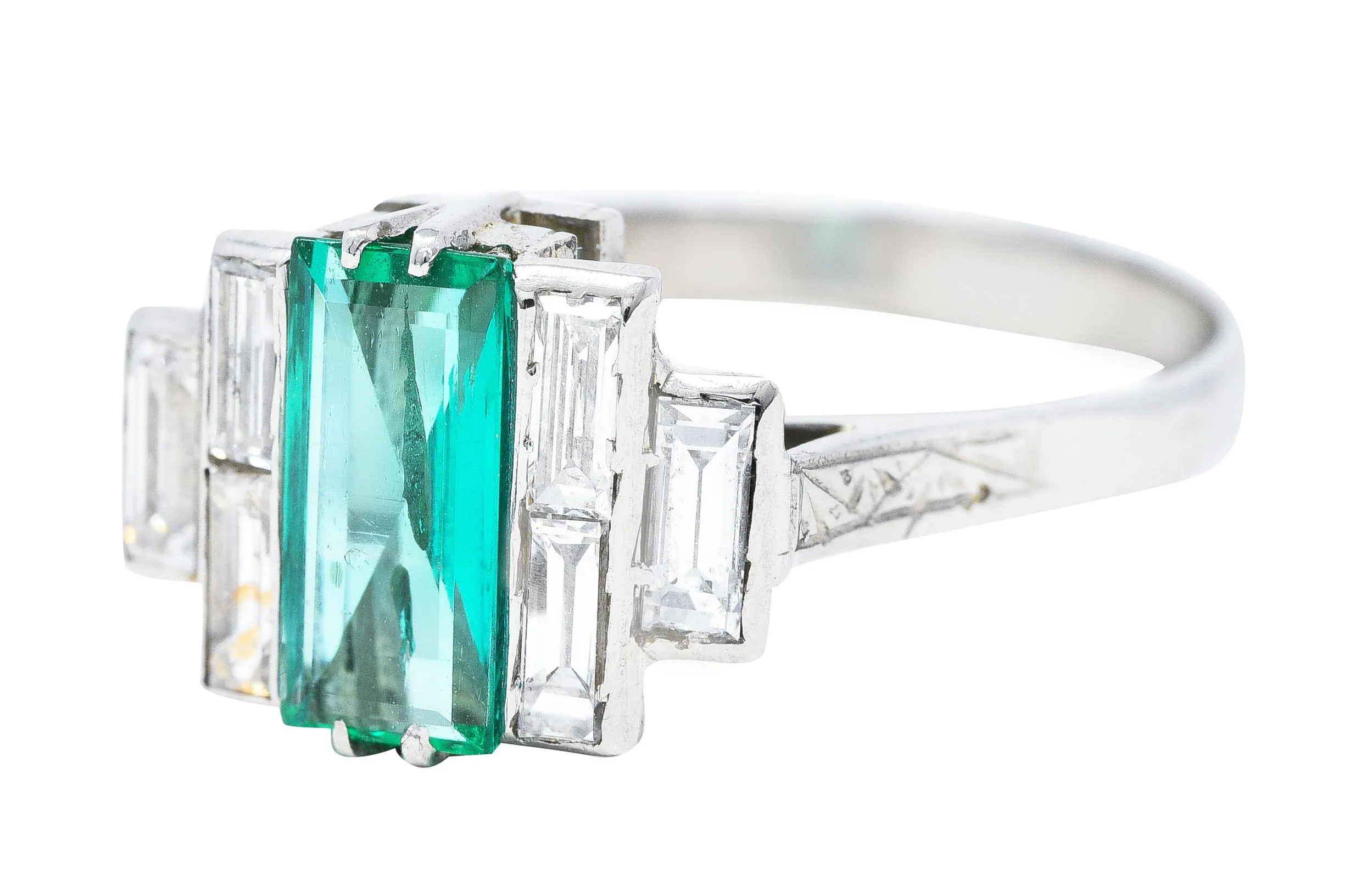 Art Deco 1.25 CTW Emerald Diamond Platinum Tiered Ring Circa 1930