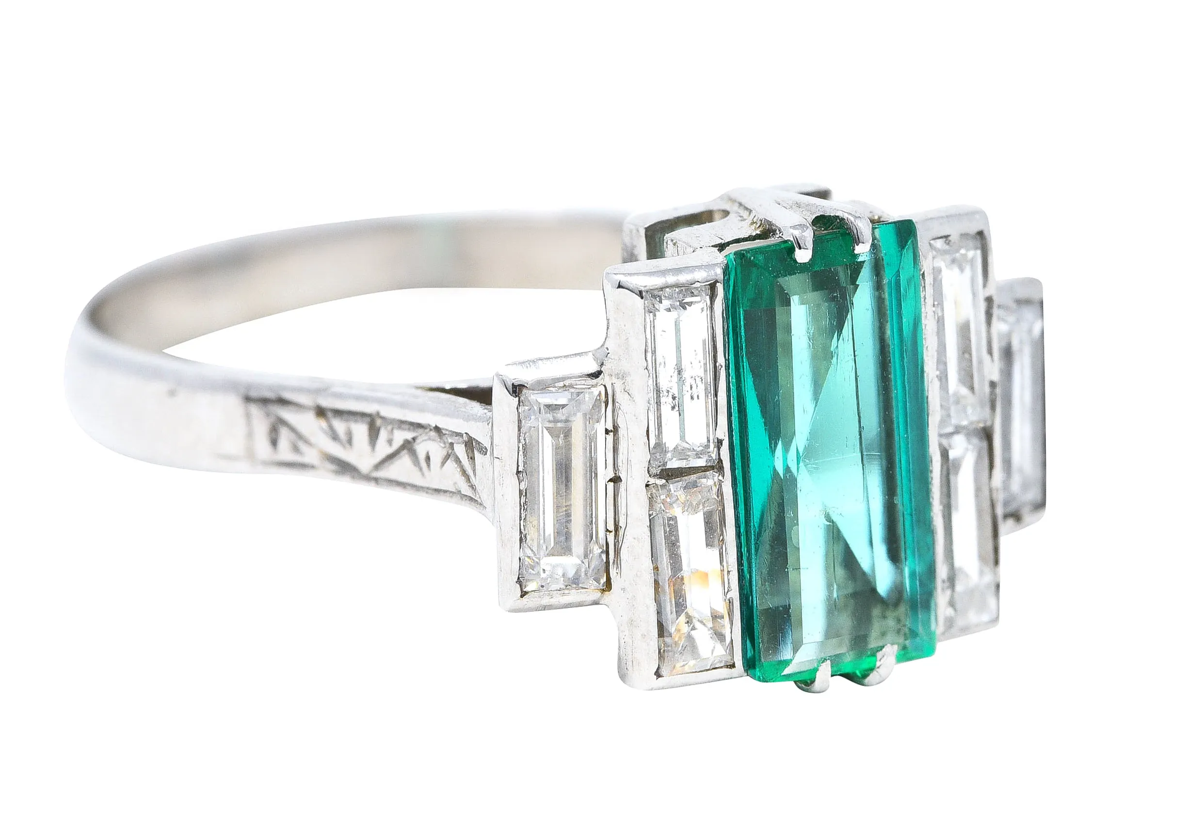 Art Deco 1.25 CTW Emerald Diamond Platinum Tiered Ring Circa 1930