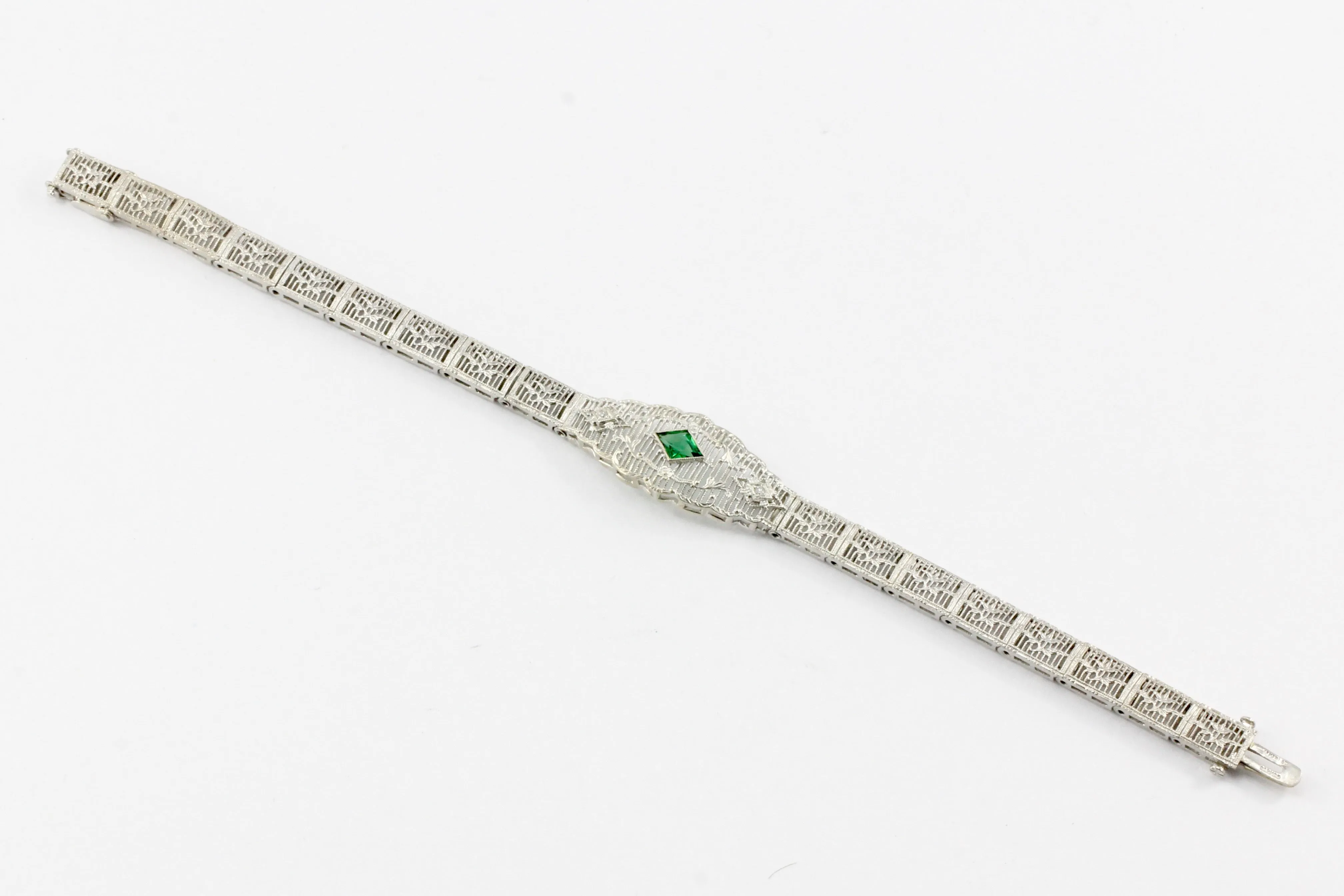 Art Deco 14K White Gold Green Glass Stone & Diamond Filigree Bracelet