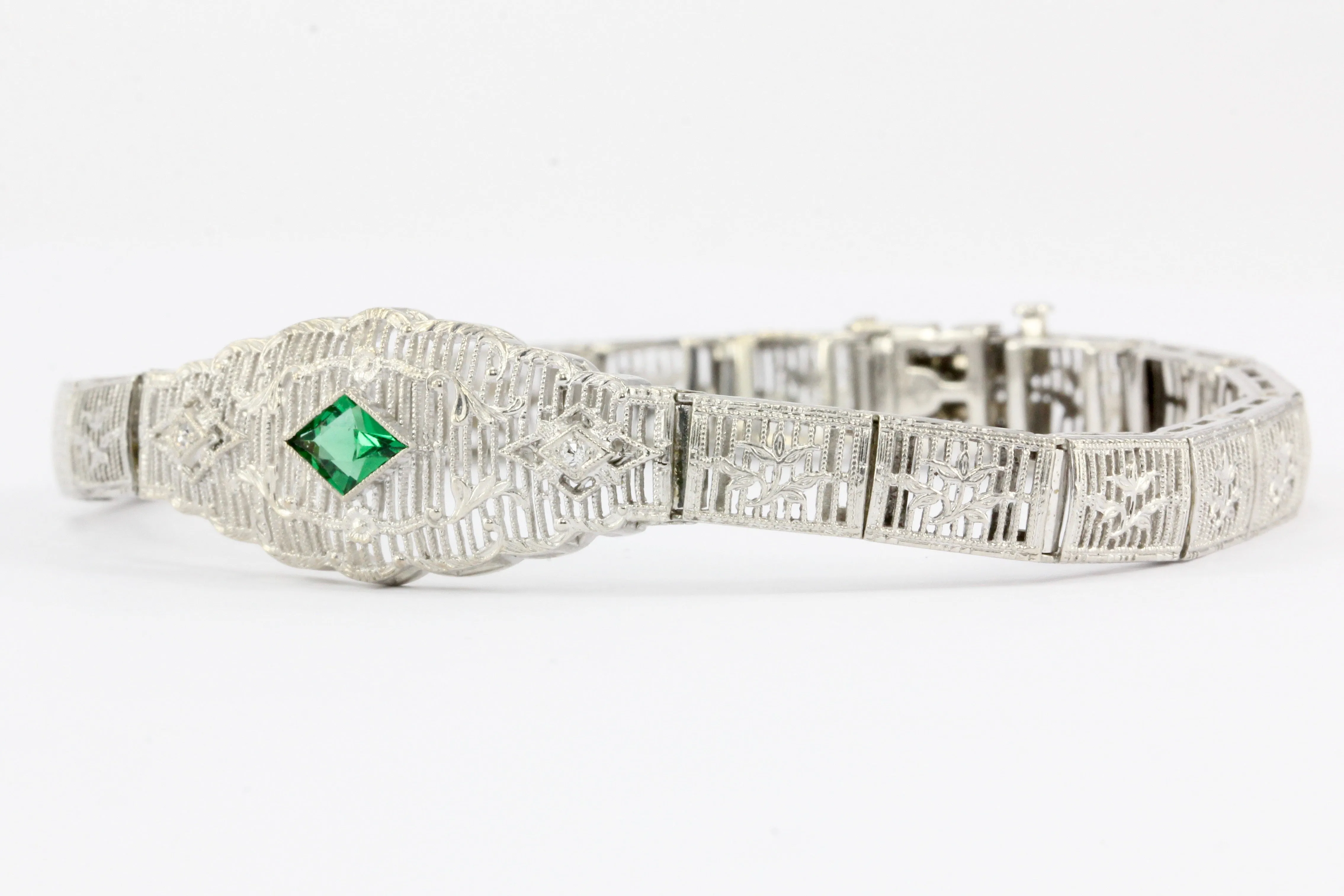 Art Deco 14K White Gold Green Glass Stone & Diamond Filigree Bracelet