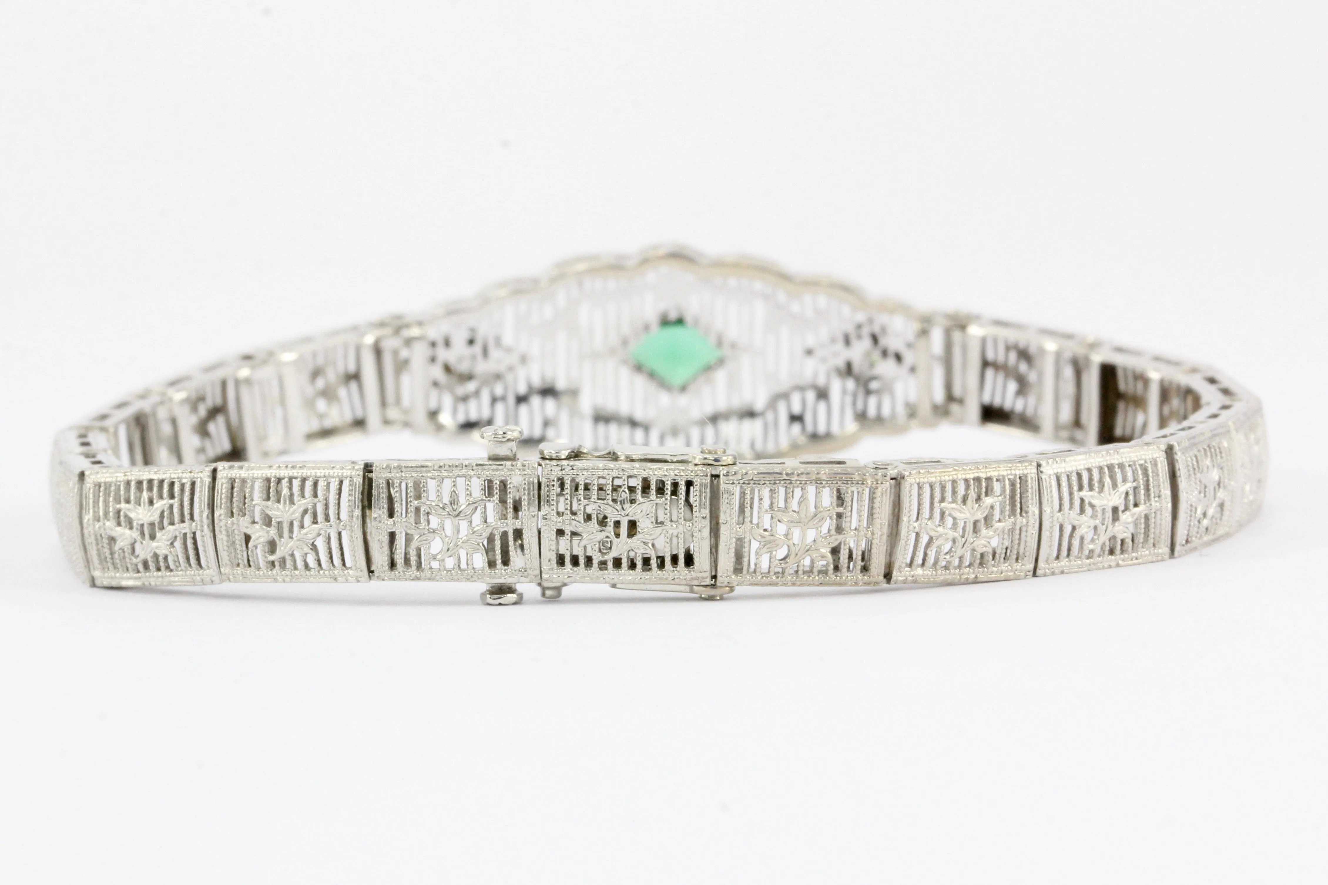 Art Deco 14K White Gold Green Glass Stone & Diamond Filigree Bracelet