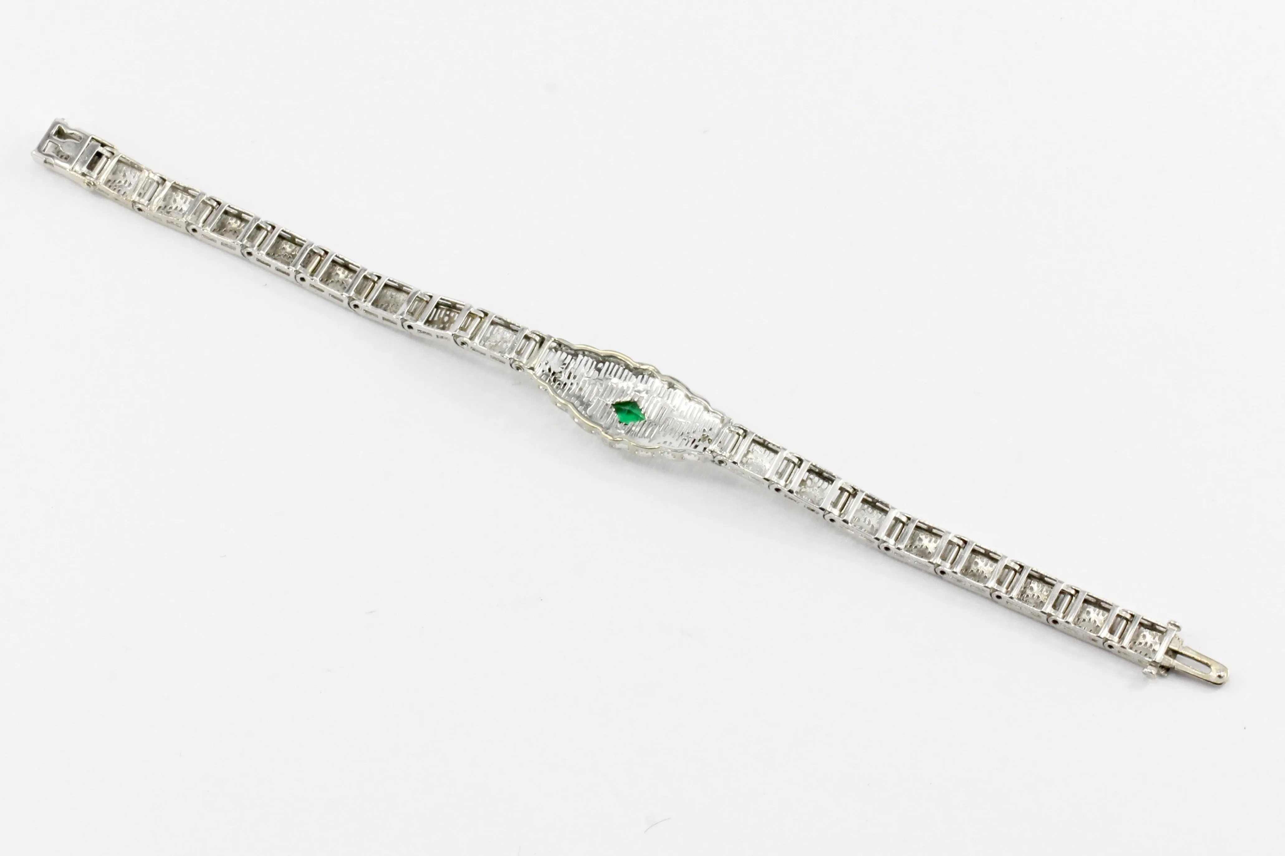 Art Deco 14K White Gold Green Glass Stone & Diamond Filigree Bracelet