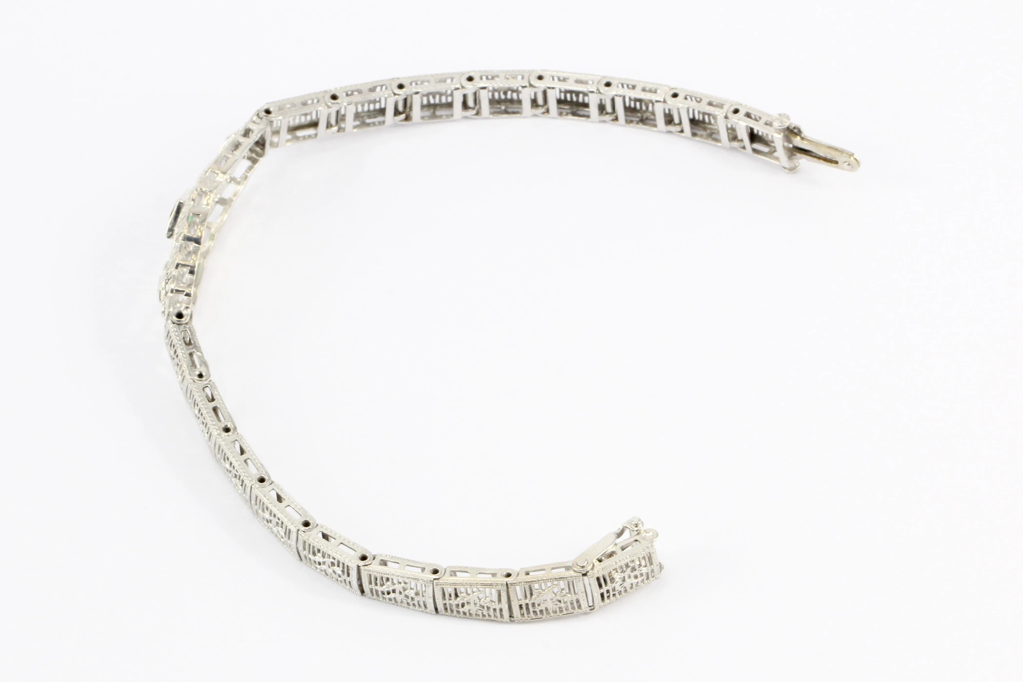 Art Deco 14K White Gold Green Glass Stone & Diamond Filigree Bracelet