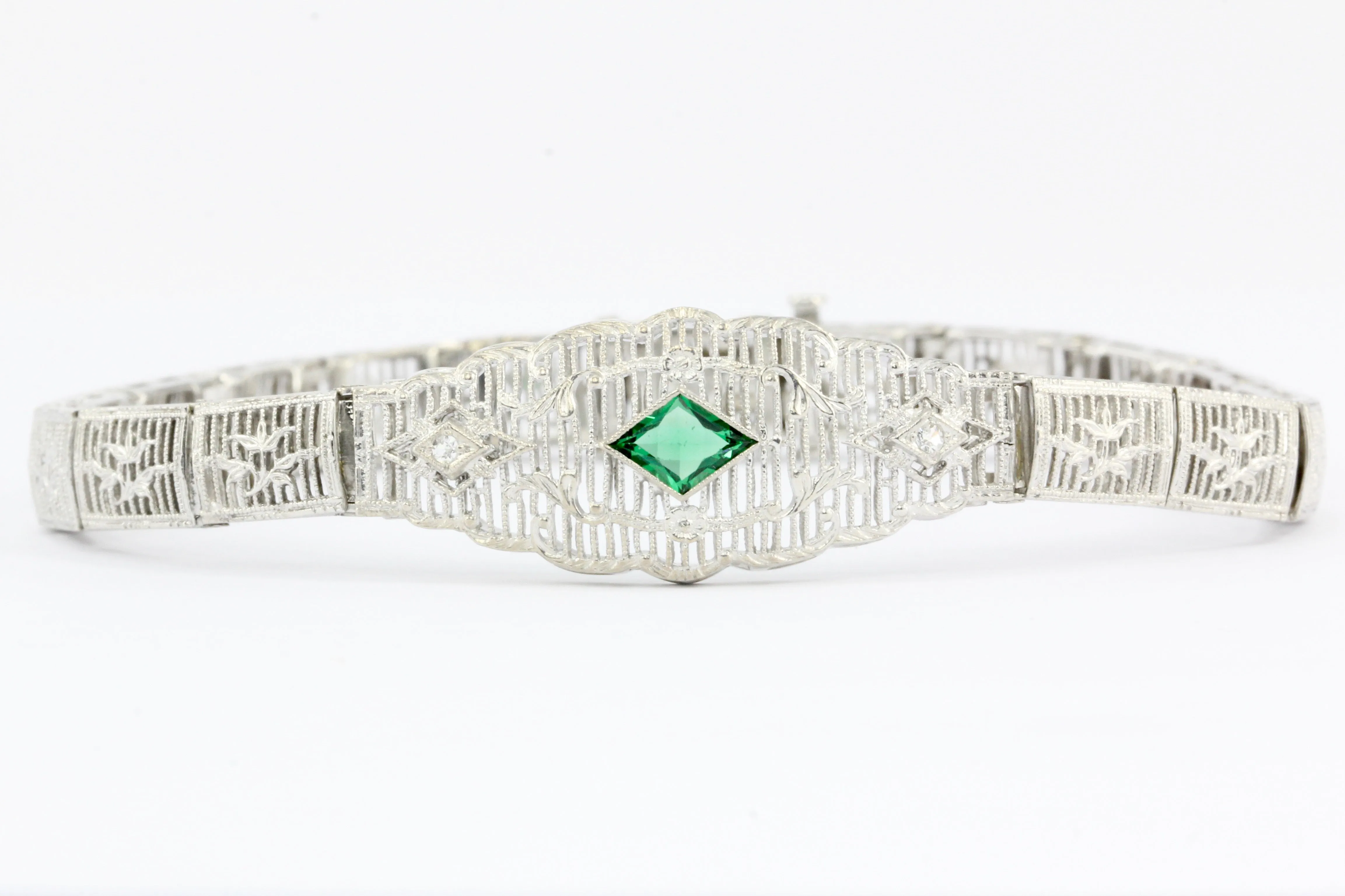 Art Deco 14K White Gold Green Glass Stone & Diamond Filigree Bracelet
