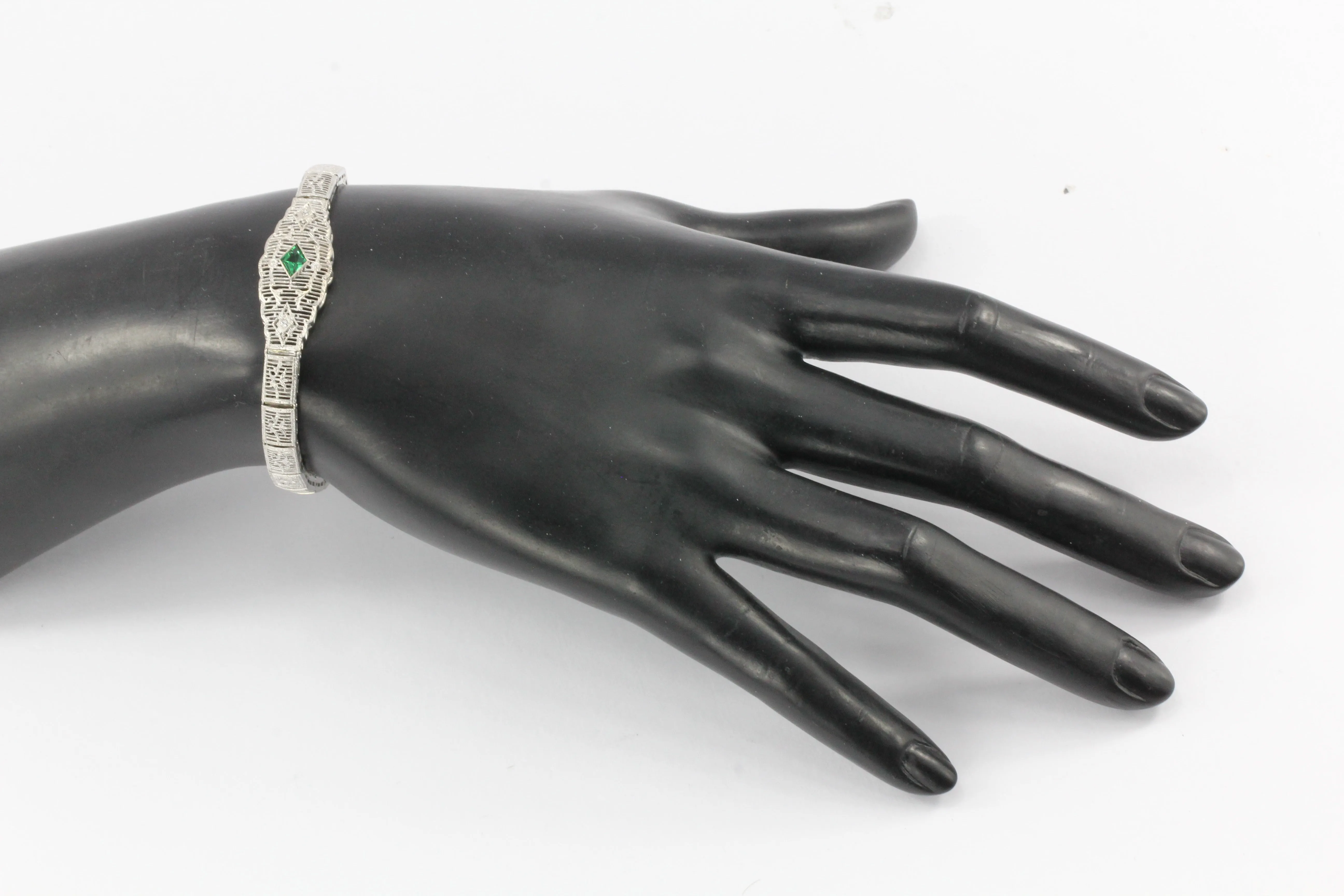 Art Deco 14K White Gold Green Glass Stone & Diamond Filigree Bracelet
