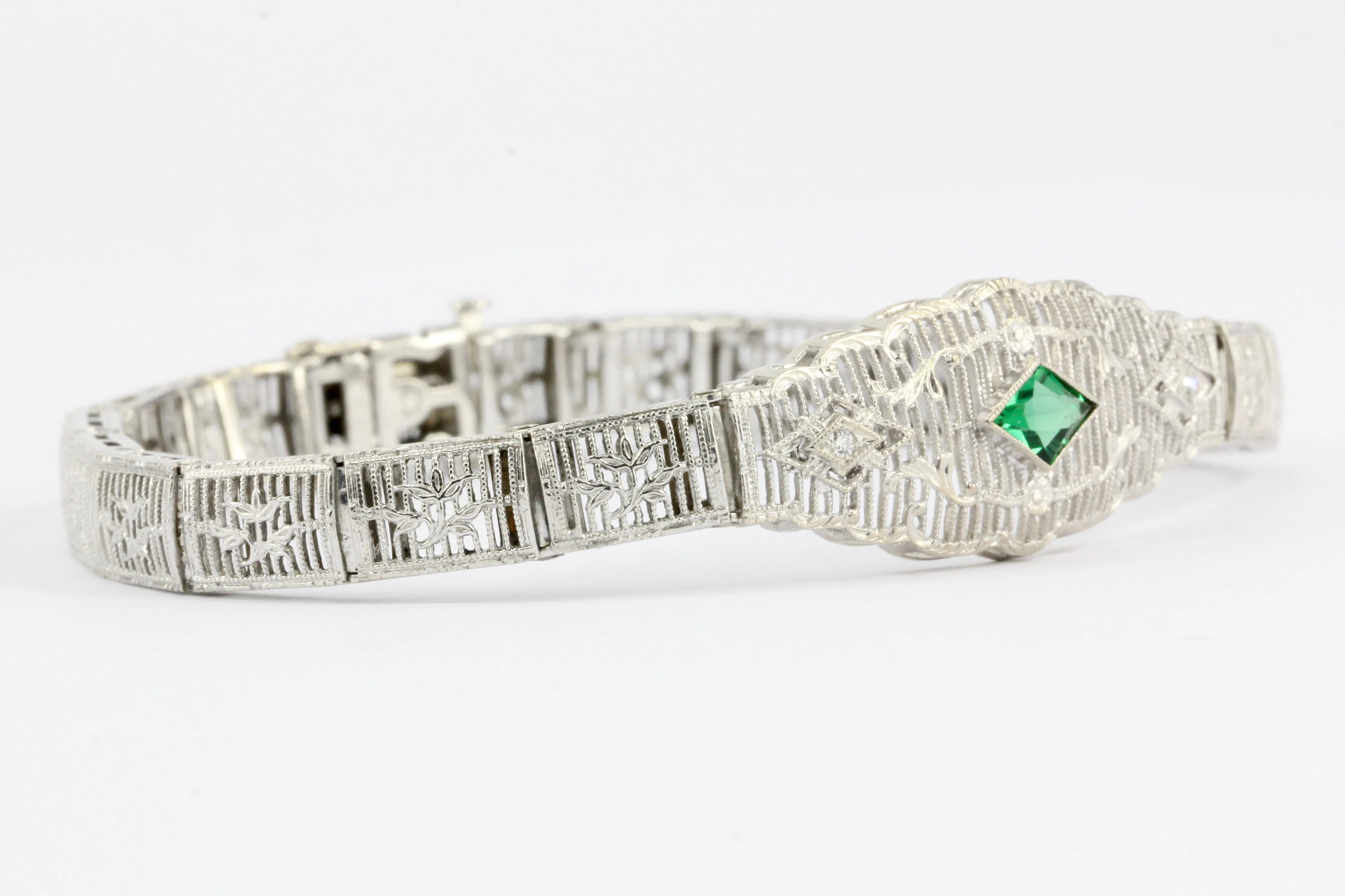 Art Deco 14K White Gold Green Glass Stone & Diamond Filigree Bracelet