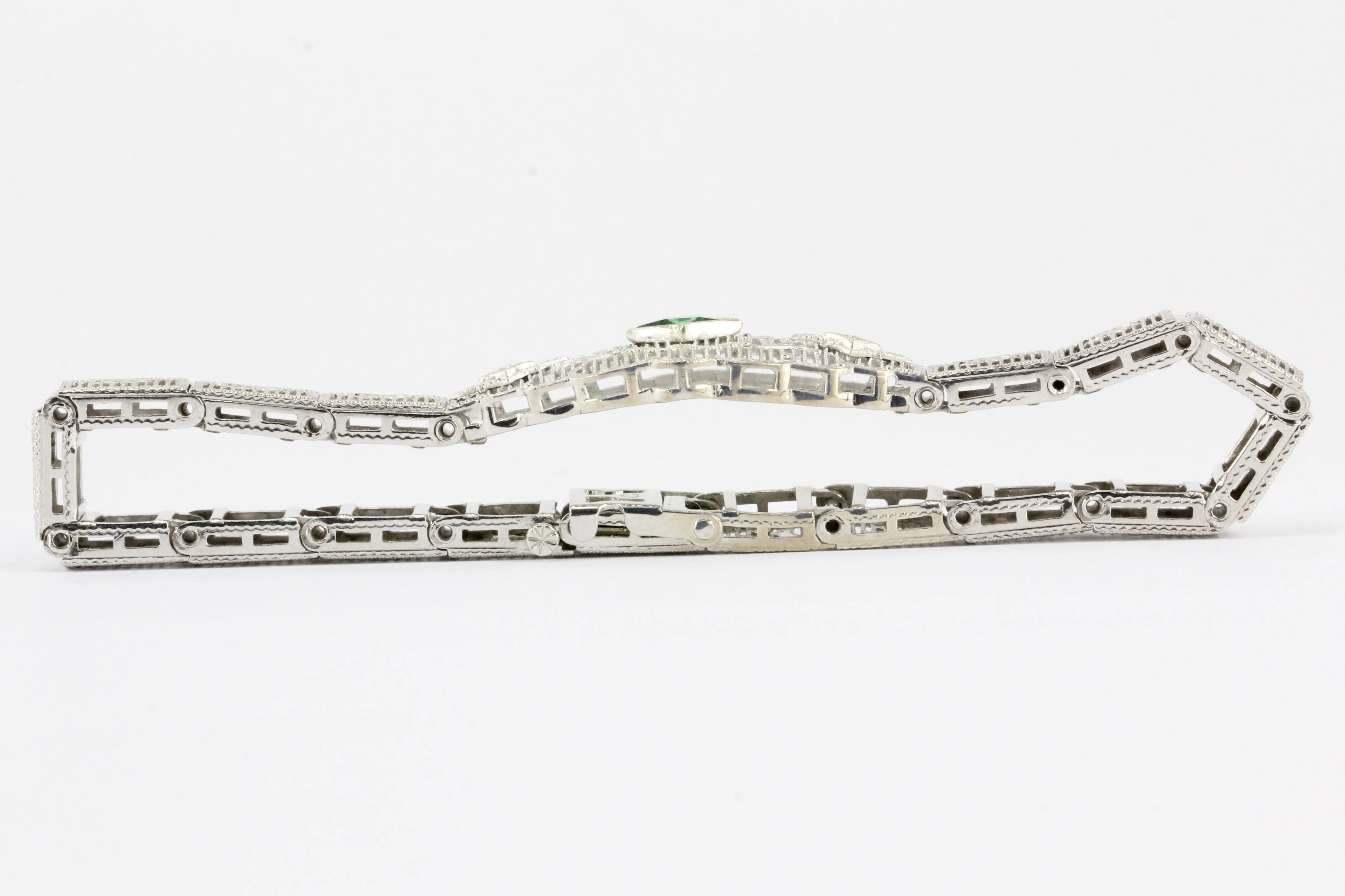 Art Deco 14K White Gold Green Glass Stone & Diamond Filigree Bracelet