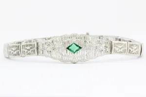 Art Deco 14K White Gold Green Glass Stone & Diamond Filigree Bracelet