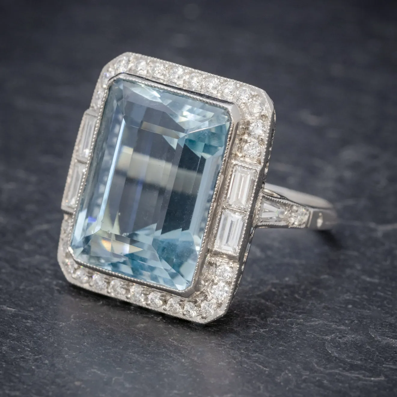 Art Deco Aquamarine Diamond Ring Platinum 18Ct Aqua Circa 1930