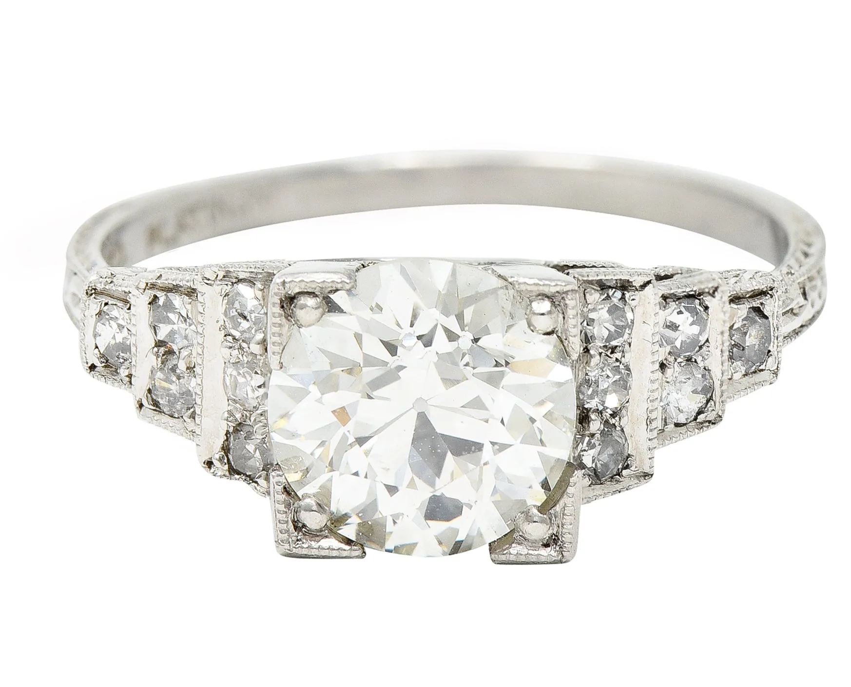 Art Deco Old European 1.82 CTW Diamond Platinum Stepped Vintage Engagement Ring GIA