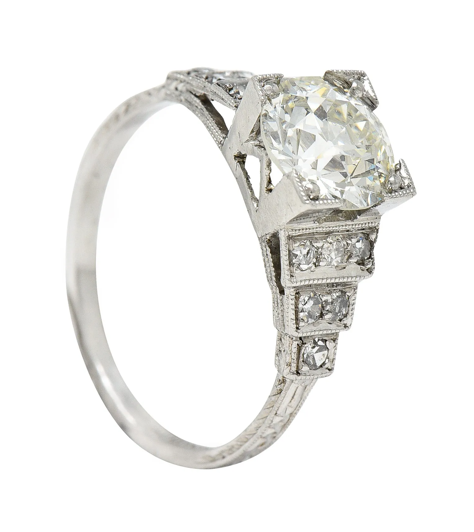 Art Deco Old European 1.82 CTW Diamond Platinum Stepped Vintage Engagement Ring GIA