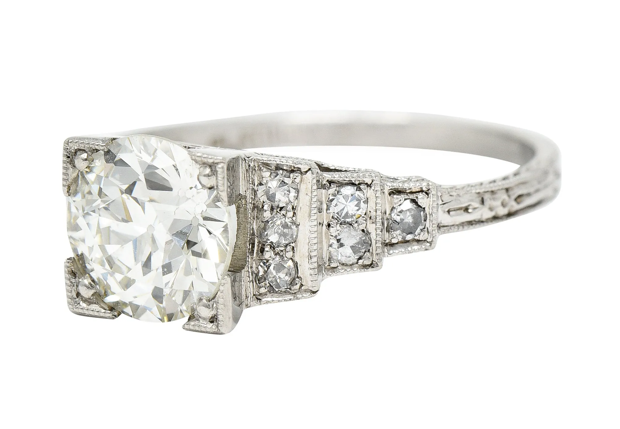 Art Deco Old European 1.82 CTW Diamond Platinum Stepped Vintage Engagement Ring GIA