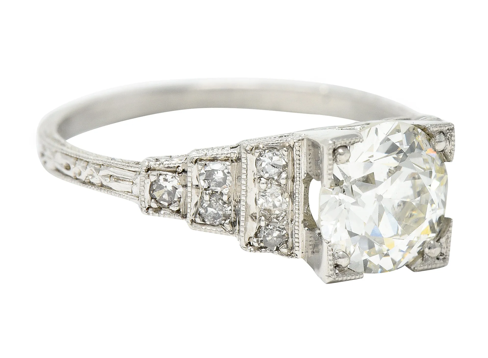 Art Deco Old European 1.82 CTW Diamond Platinum Stepped Vintage Engagement Ring GIA
