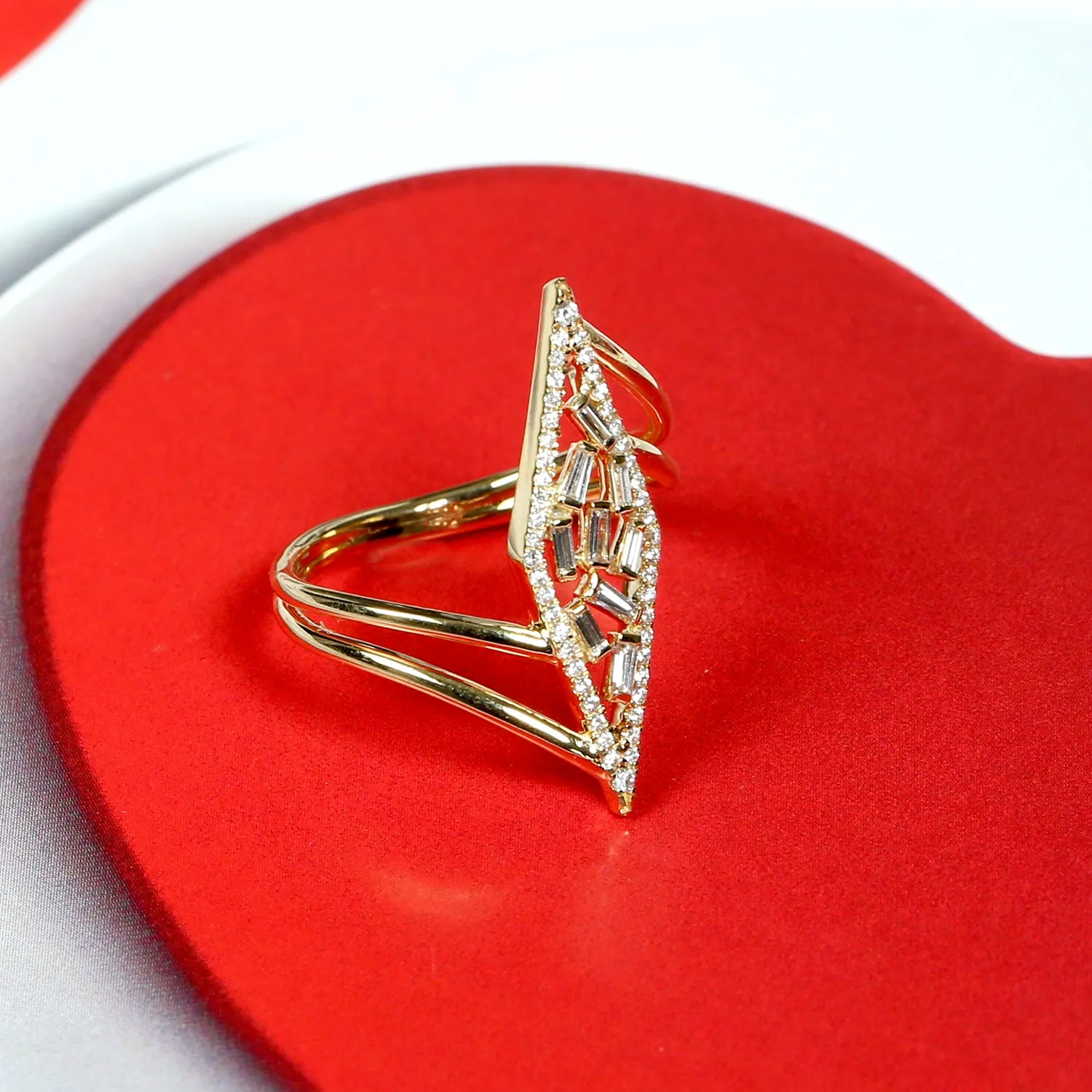 Baguette Diamond Geometric Ring In 18k Yellow Gold Handmade Jewelry
