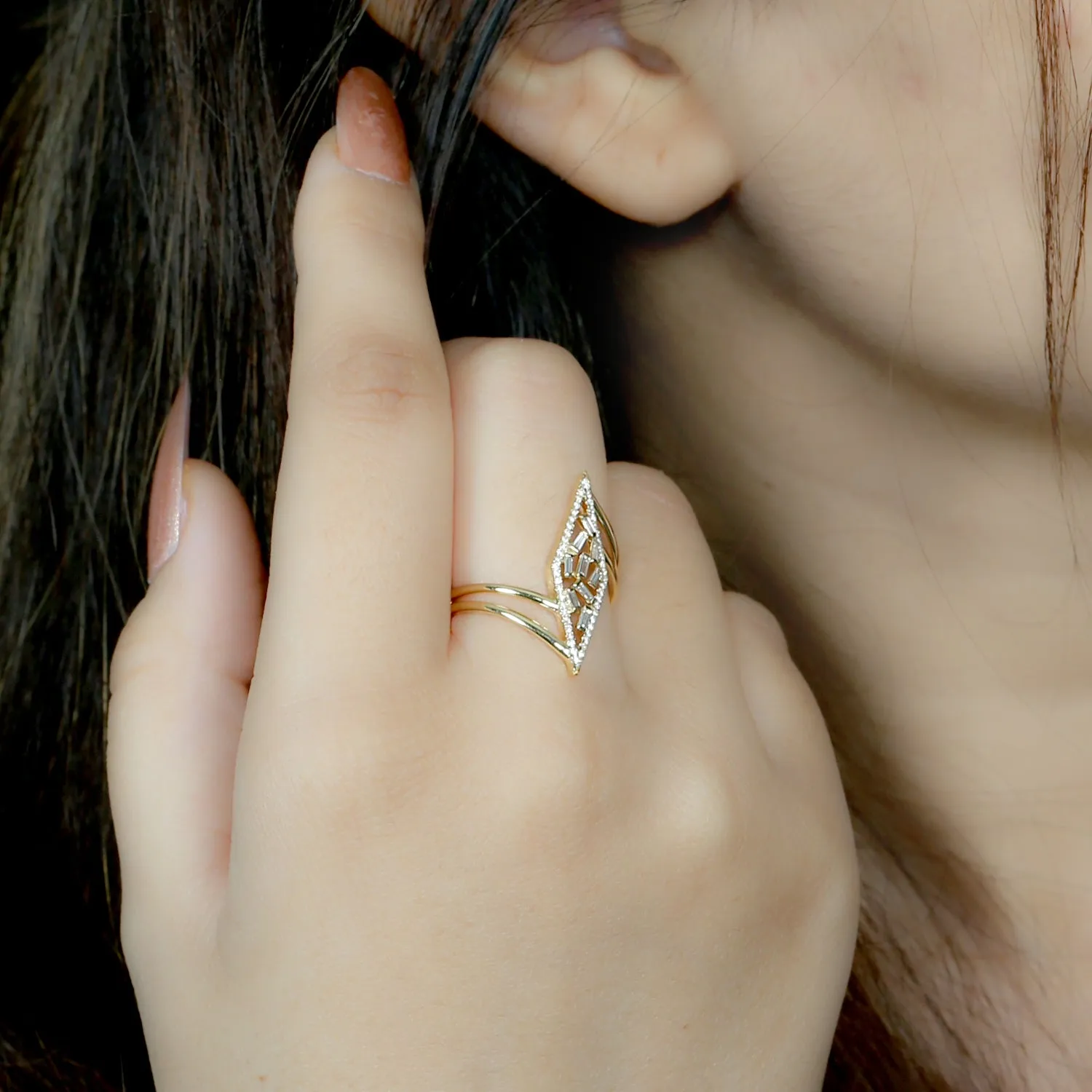 Baguette Diamond Geometric Ring In 18k Yellow Gold Handmade Jewelry
