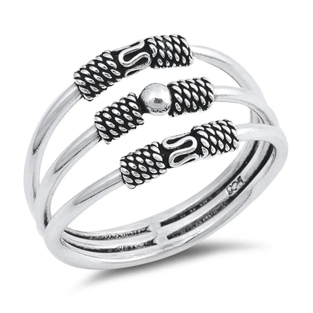 Bali Three Bar Bead Statement Ring New .925 Sterling Silver Band Sizes 5-10