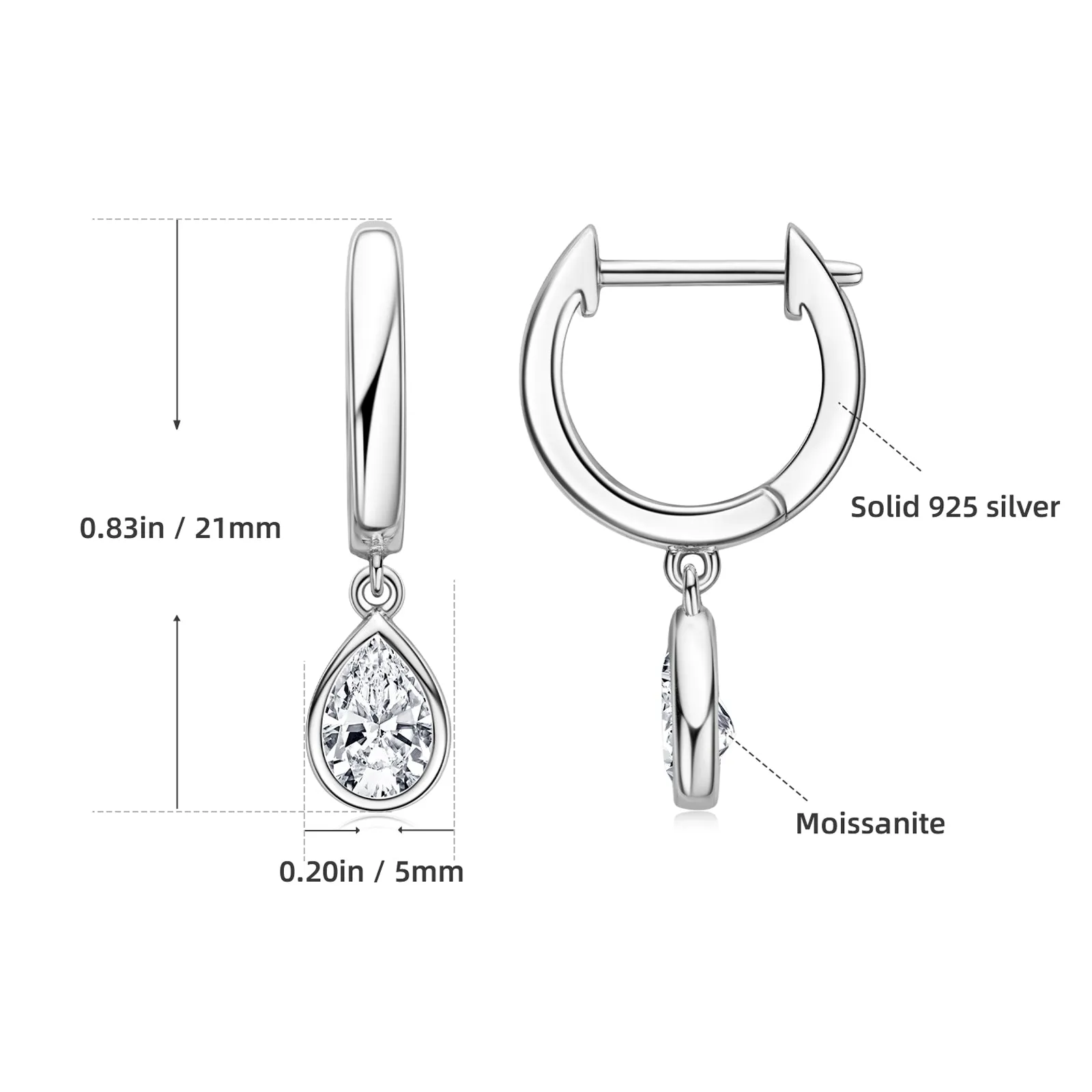Bezel Setting Pear Cut Moissanite Drop Hoop Earrings