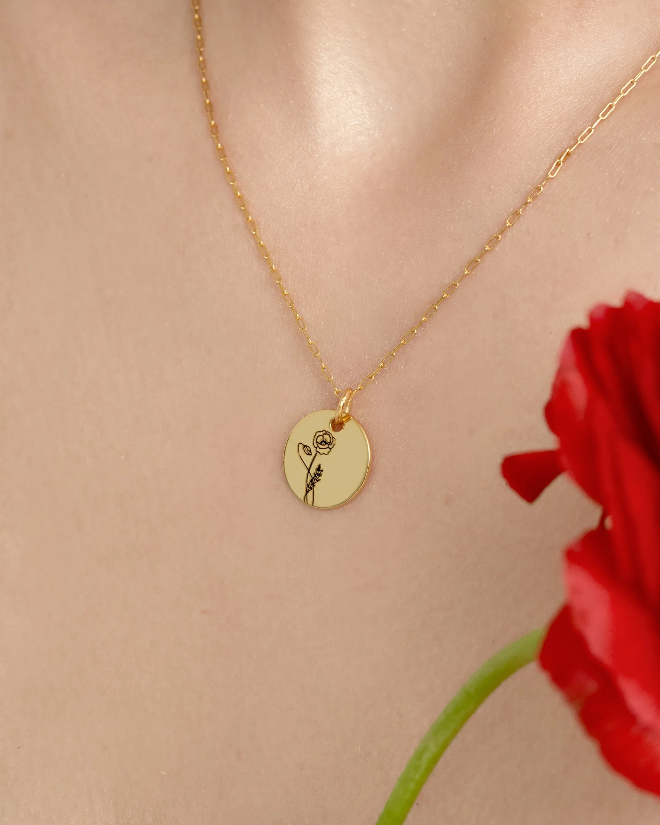 Birth Month Flower NECKLACE - dainty birth flower coin pendant necklace gold horoscope birth month zodiac coin necklace personalized gift