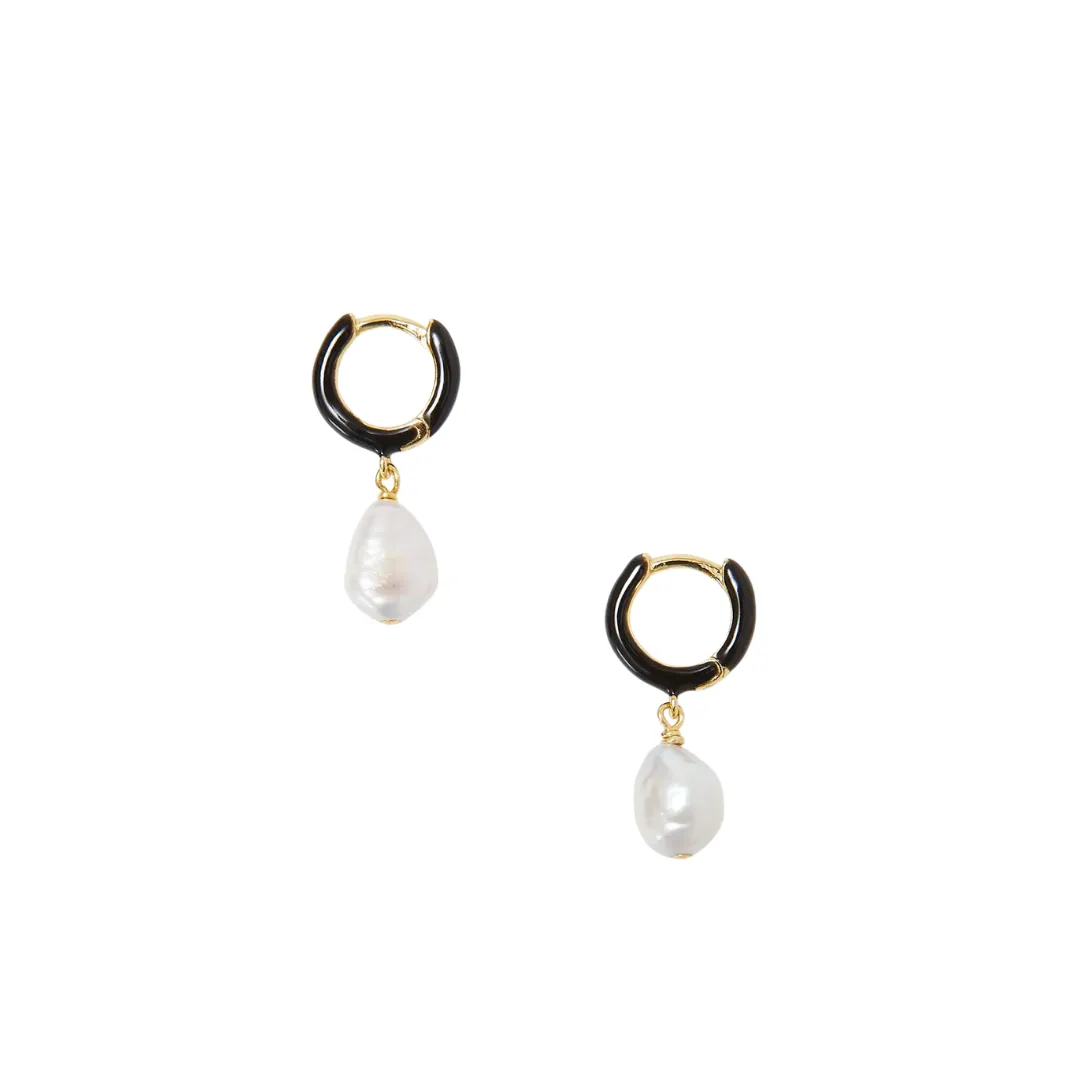 Black Enamel Huggies with Pearl
