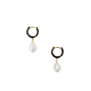 Black Enamel Huggies with Pearl