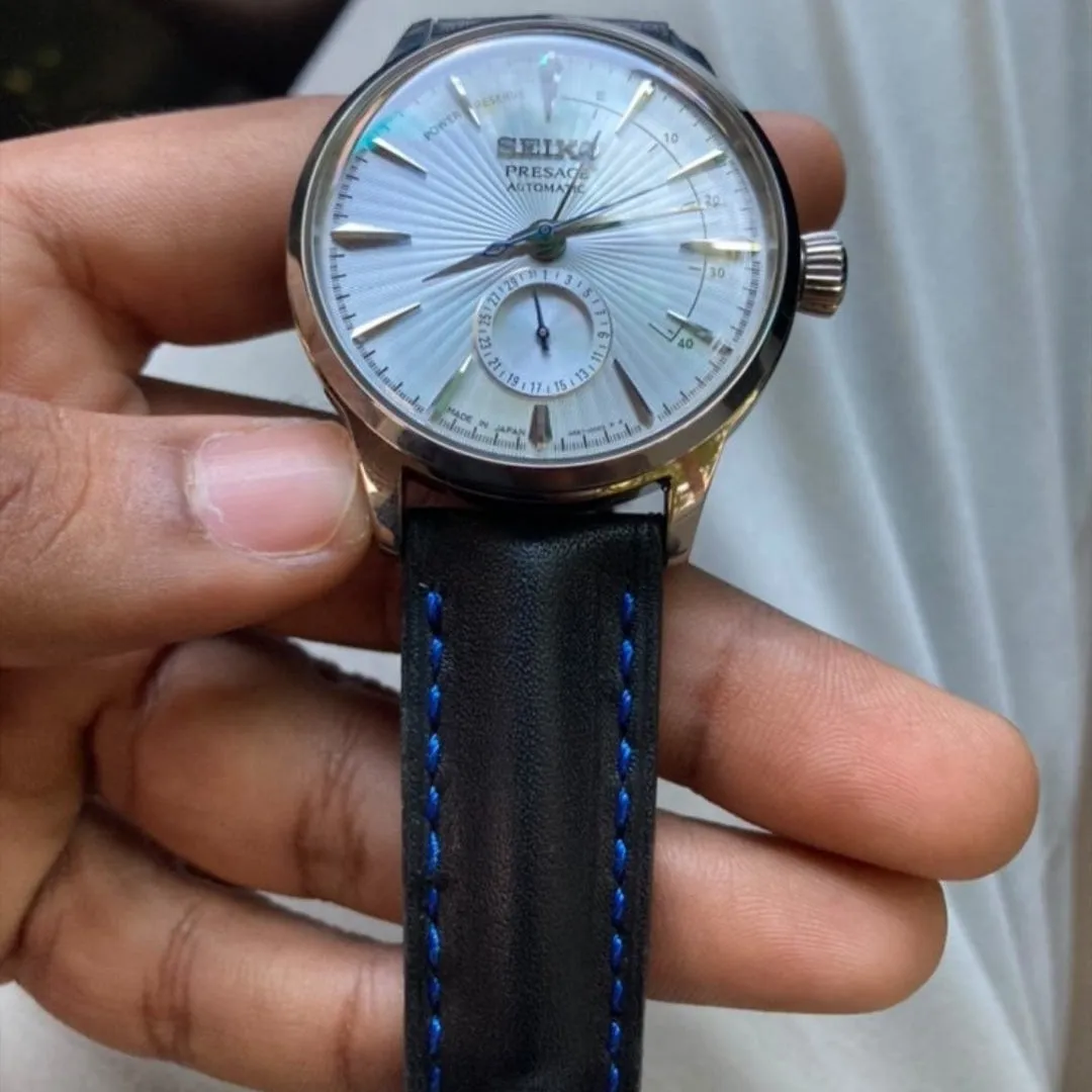 Black leather watch strap for seiko