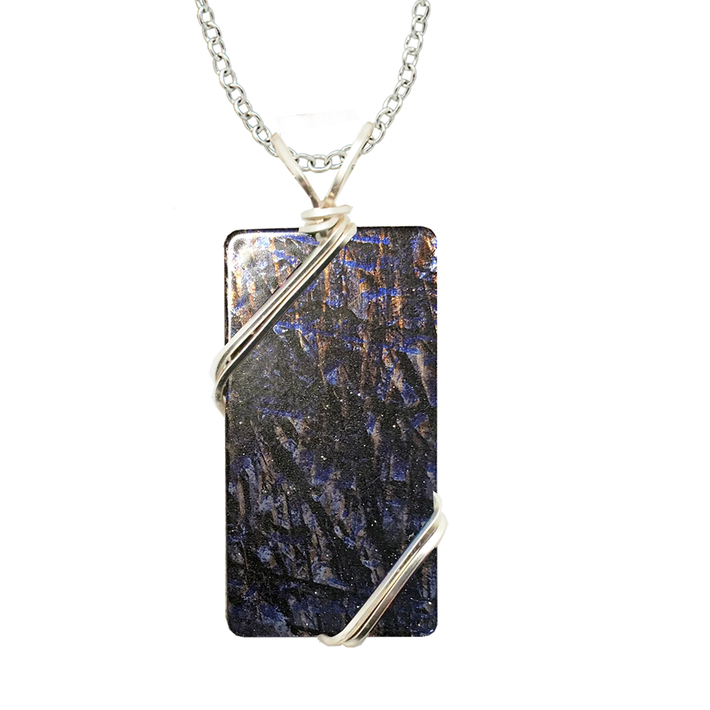 Blue Metal Grunge Necklace, 1.5" pendant with silver-plated wiring, Item# 4727X