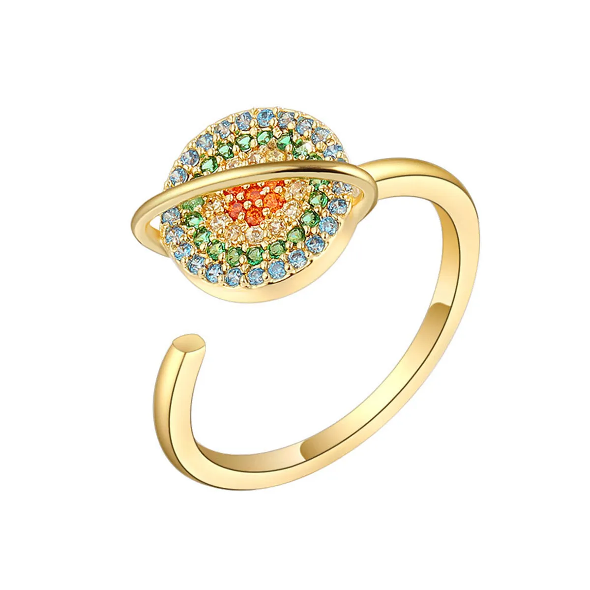 Blue Multicolor Cubic Zirconia & 18K Gold-Plated Rotating Planet Ring